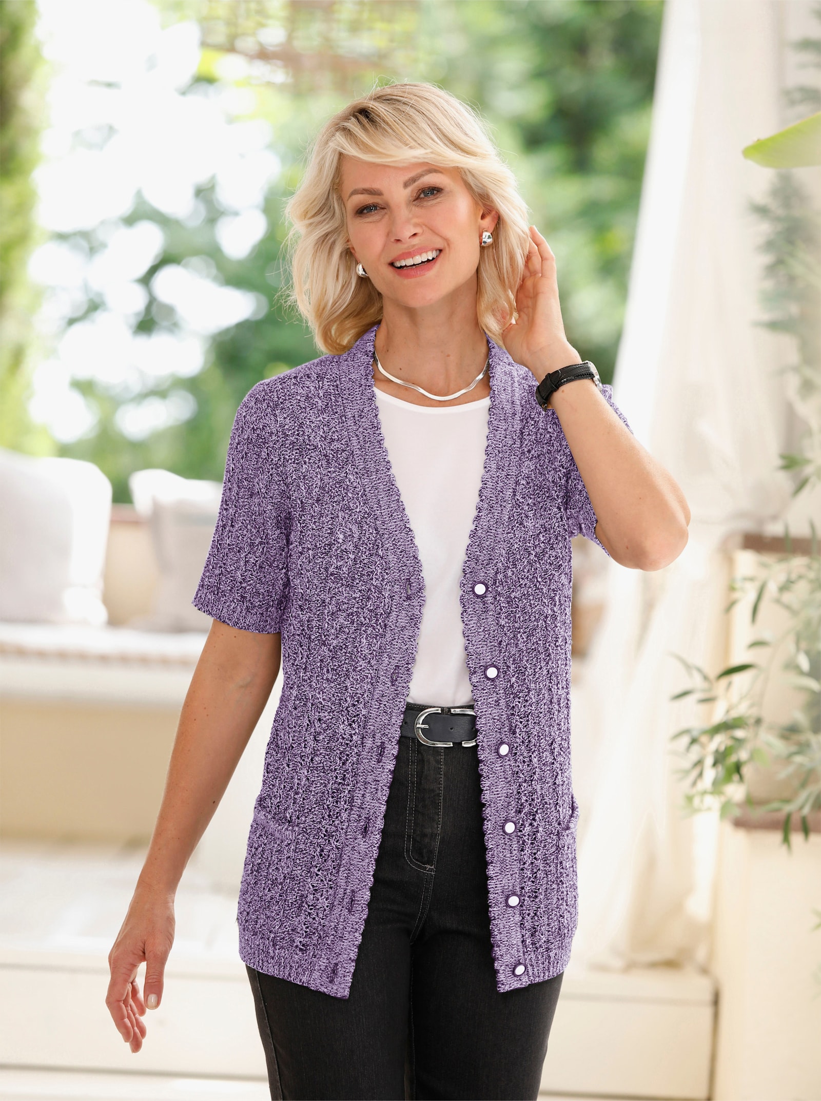 Ajourstrickjacke mit Taschen, aufgesetzt - lila-ecru-meliert