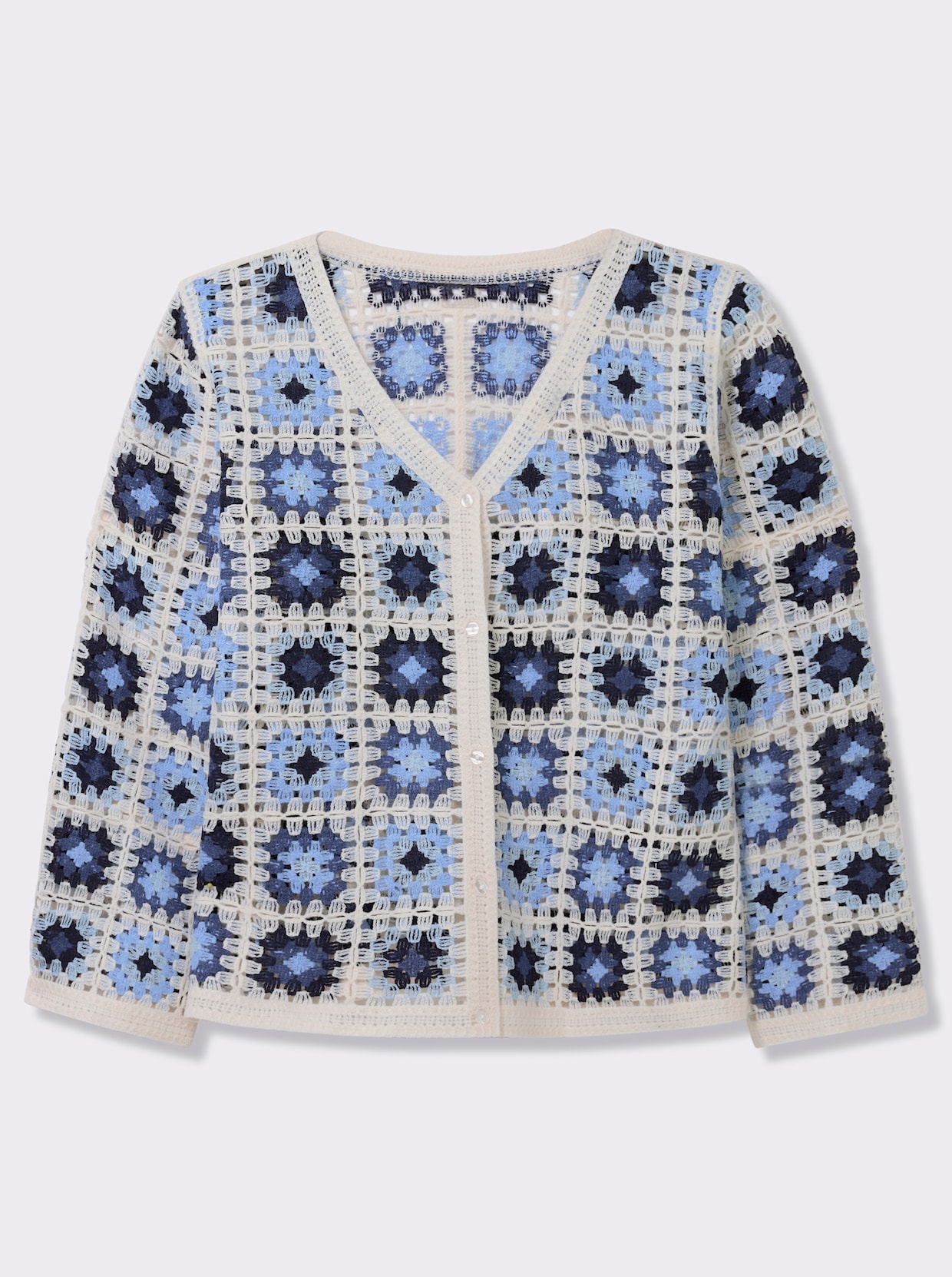 Strickjacke in Häkel-Optik - ecru-jeansblau
