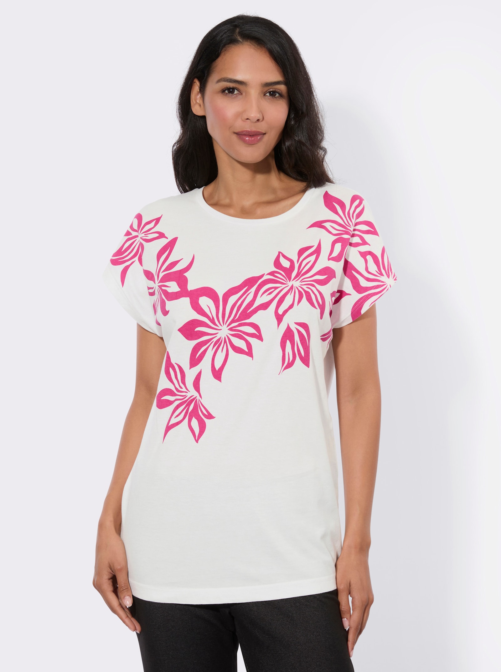 Kurzarmshirt mit Blumen-Druck im Vorderteil - ecru-fuchsia