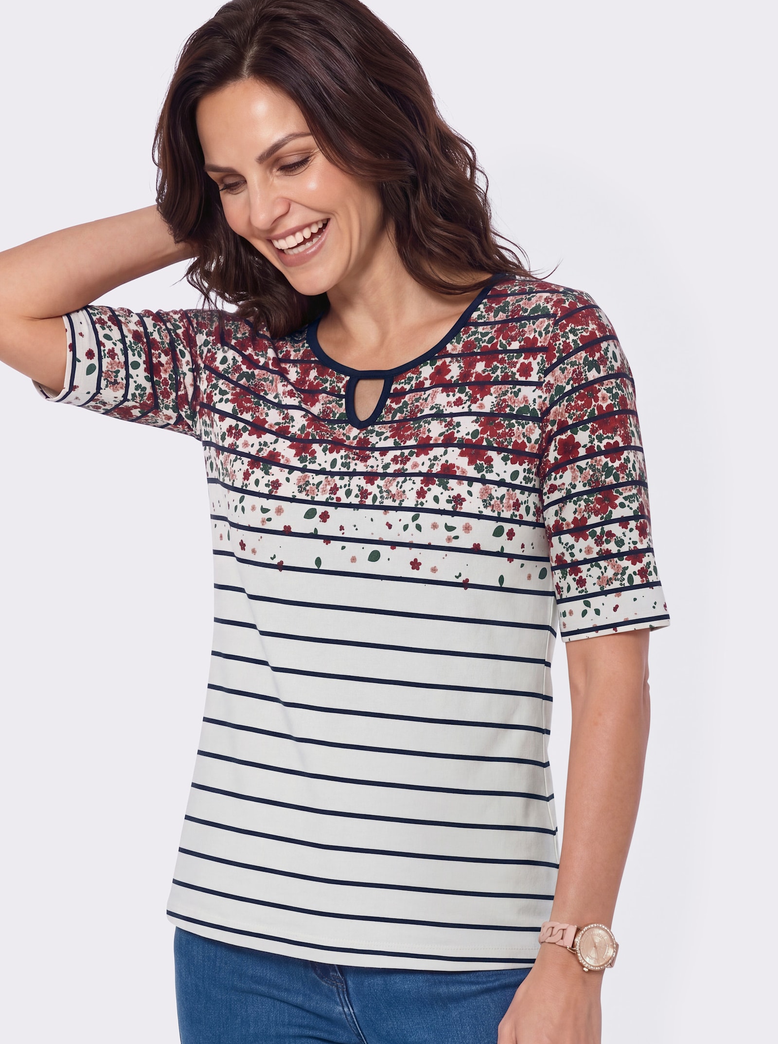 Kurzarmshirt mit Streifen- und Blütenmuster - marine-erdbeere-bedruckt