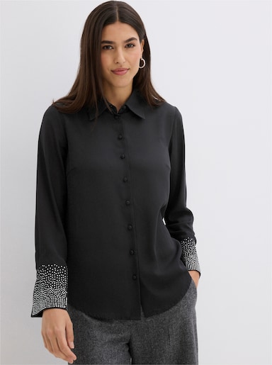 Langarmbluse mit Steinchenverzierung - schwarz