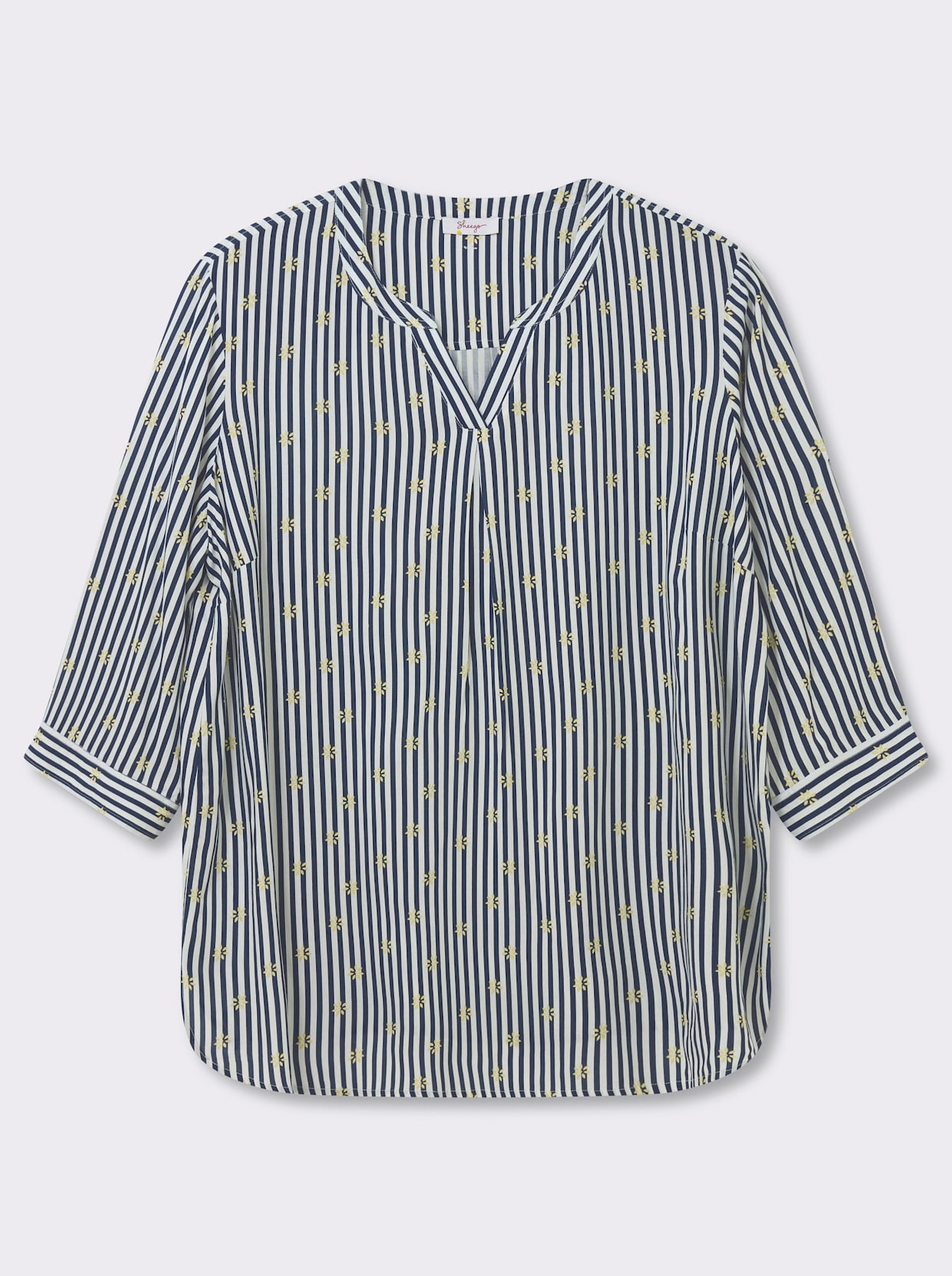 sheego Tunika im Mustermix aus Streifen und Blüten - tiefblau-ecru-gestreift