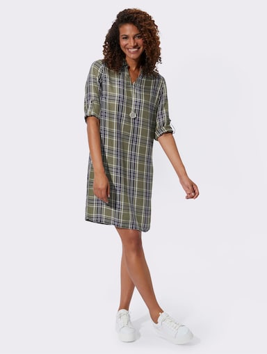 Karokleid mit krempelbaren Ärmeln - oliv-marine-kariert