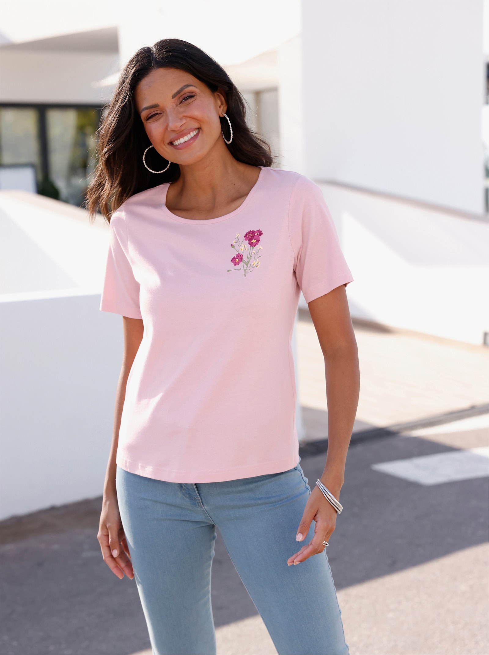 Tričko s krátkým rukávem a květinovým potiskem - růžová