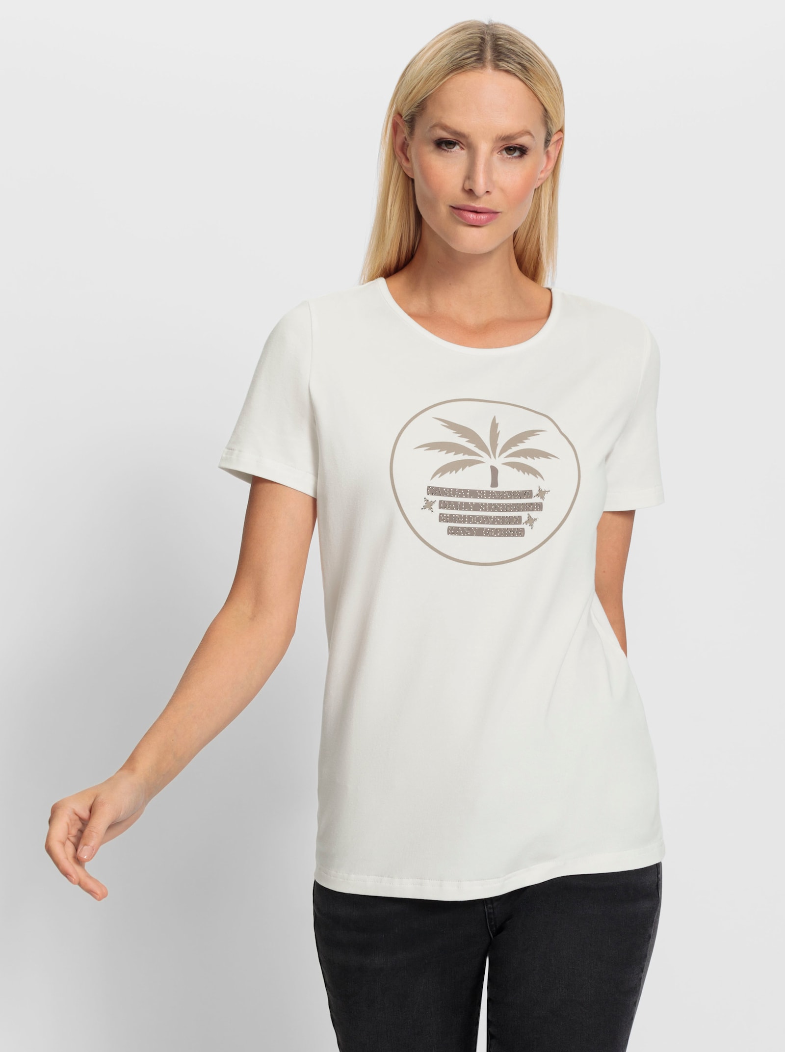 heine Shirt met korte mouwen en opschrift - ecru/taupe geprint