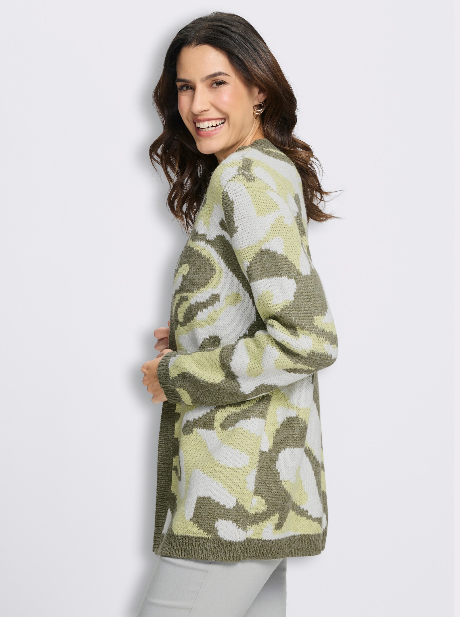 Jacquardstrickjacke in offener Form - pistazie-khaki-gemustert