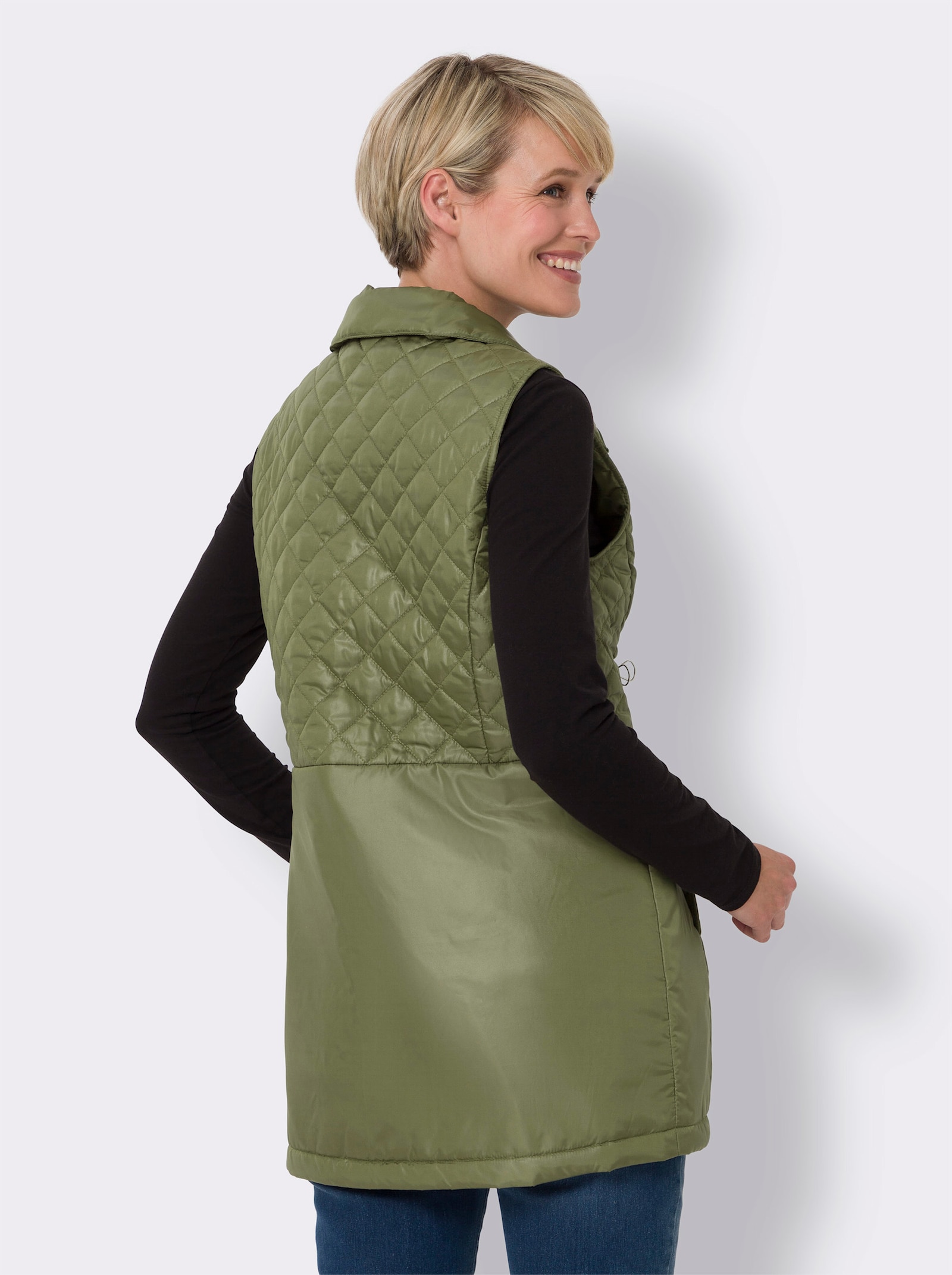 Lange bodywarmer met ruitstiksels - olijf