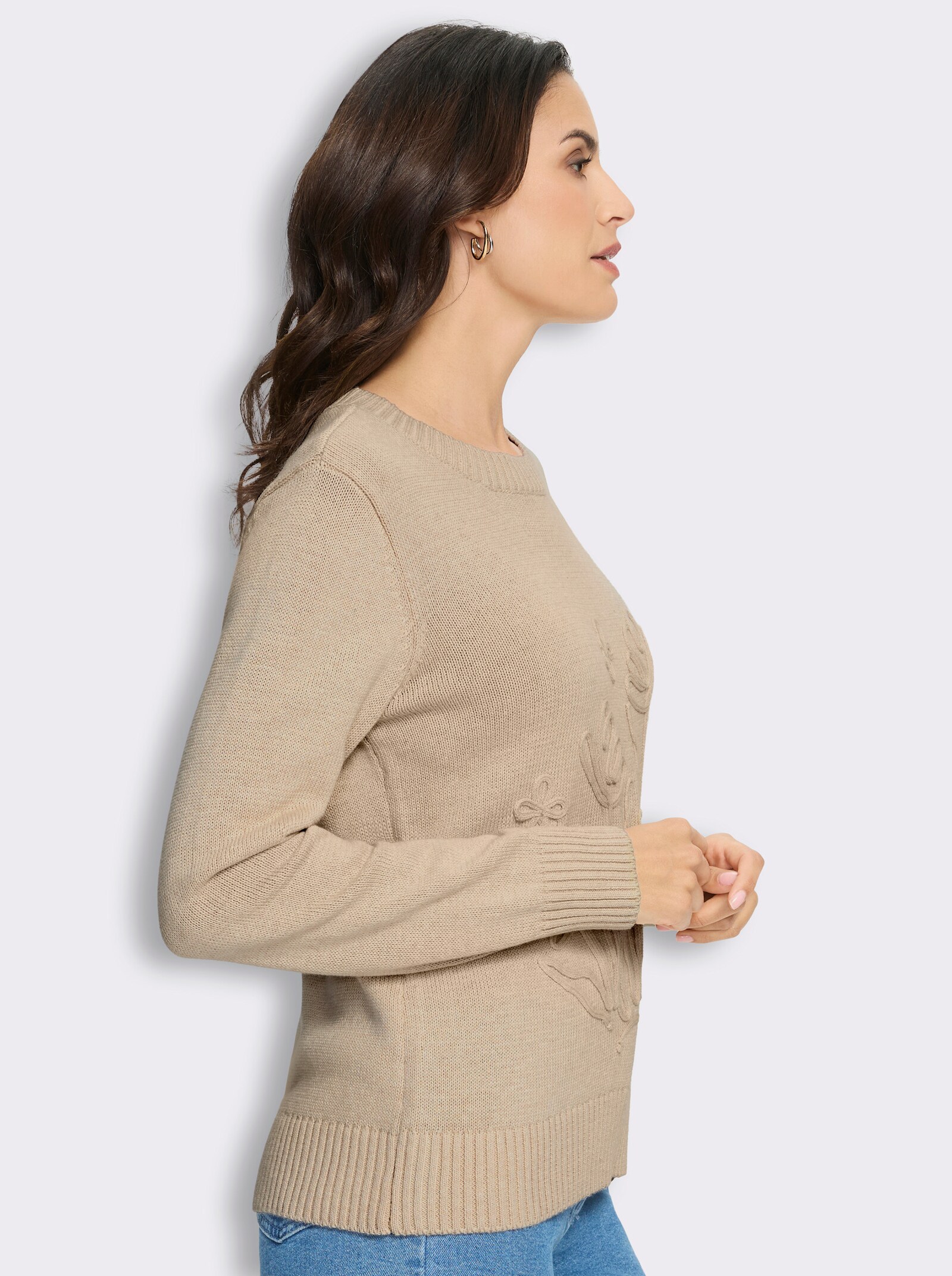 Baumwollpullover mit floraler Kordelstickerei - sand-meliert