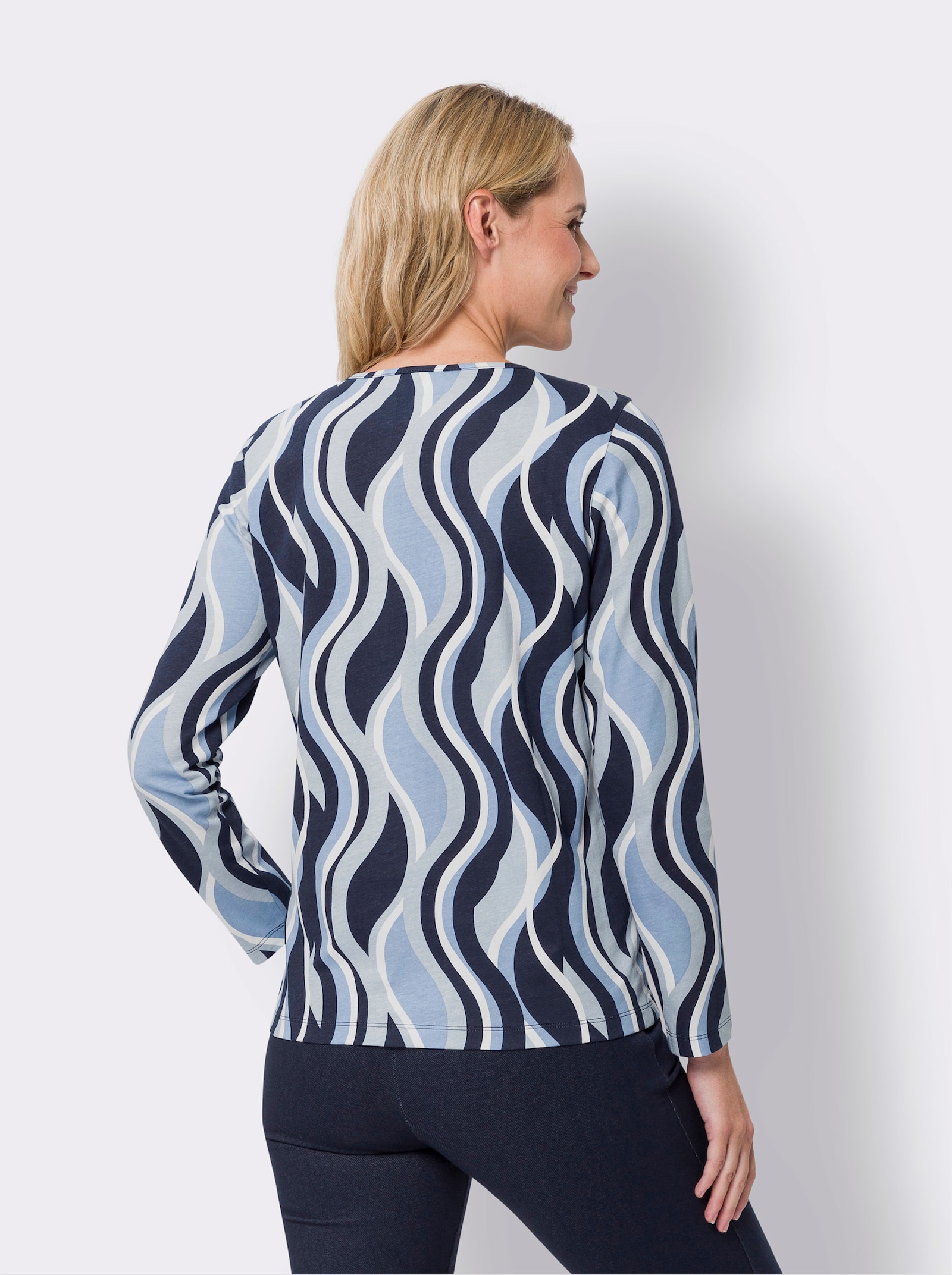 Langarmshirt mit Wellen-Muster - ecru-himmelblau-bedruckt