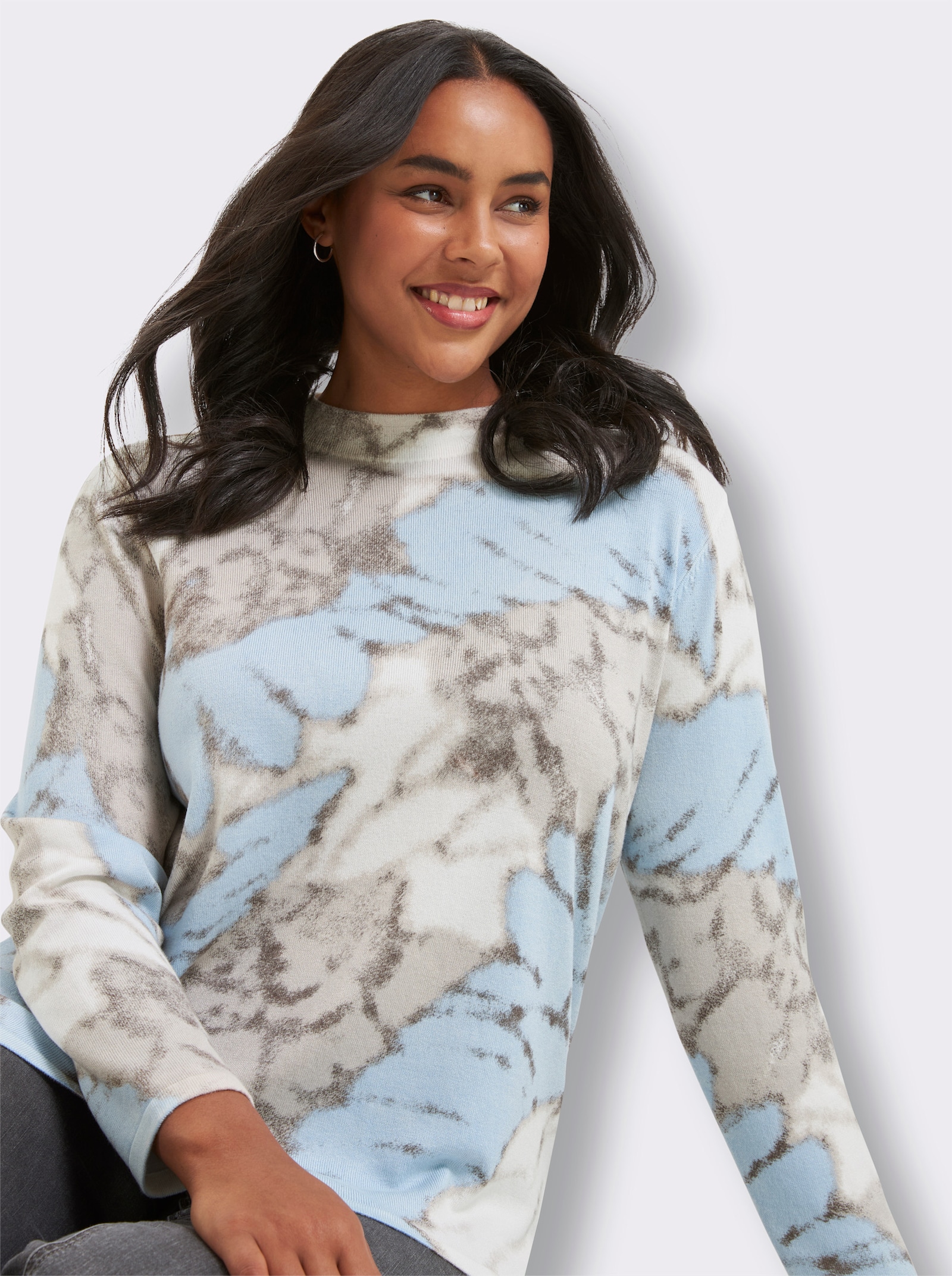Feinstrickpullover mit Diagonal-Druck - ecru-eisblau-bedruckt