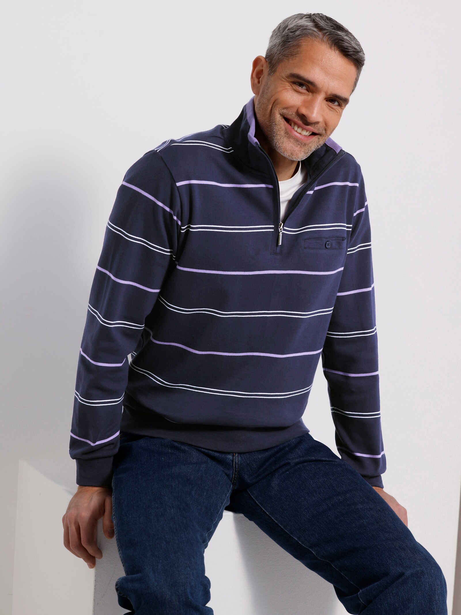 Sweatshirt mit Brusttasche - marine-lavendel-geringelt