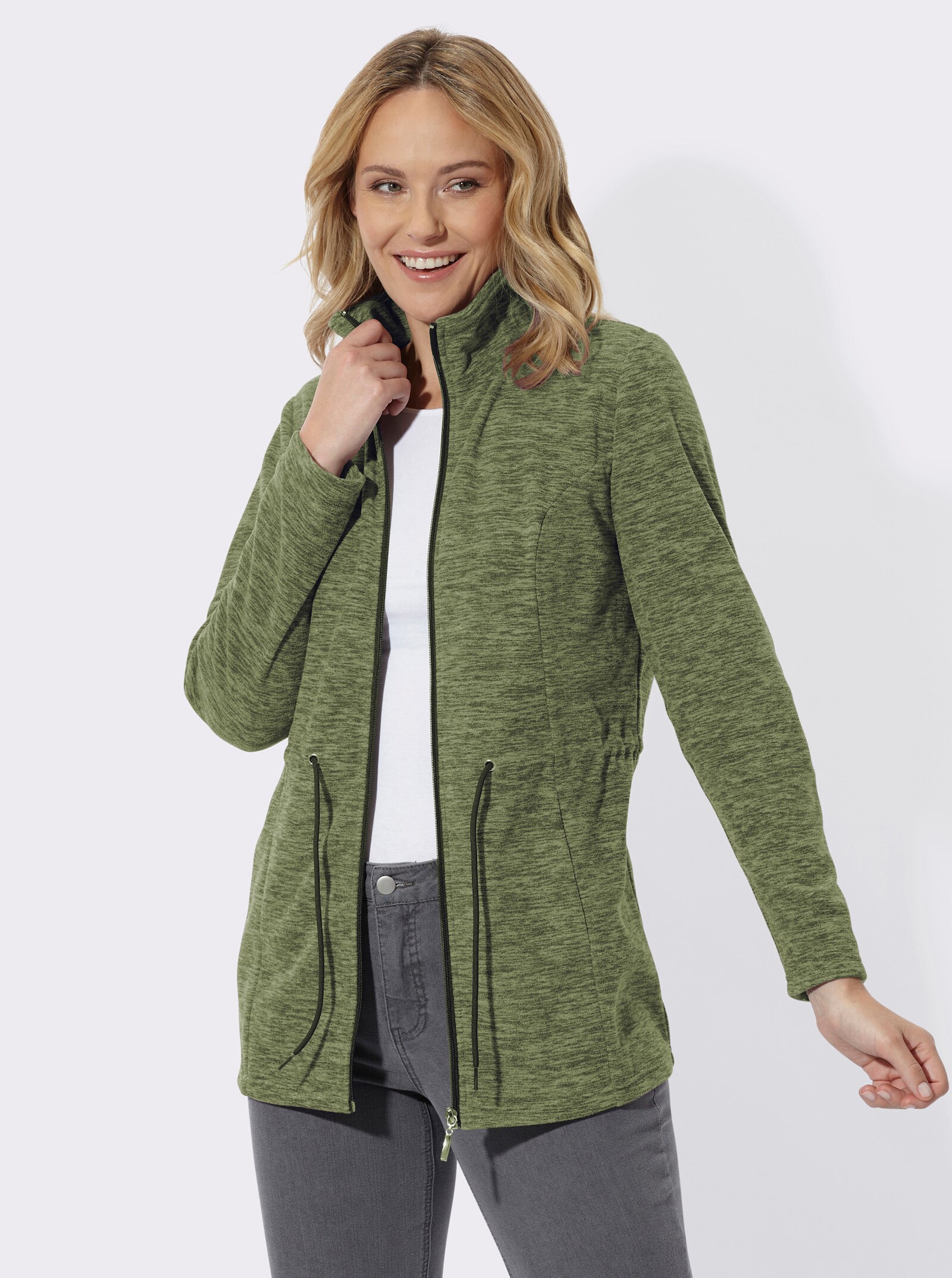  Fleecejacke in Longform - khaki-schilf-meliert