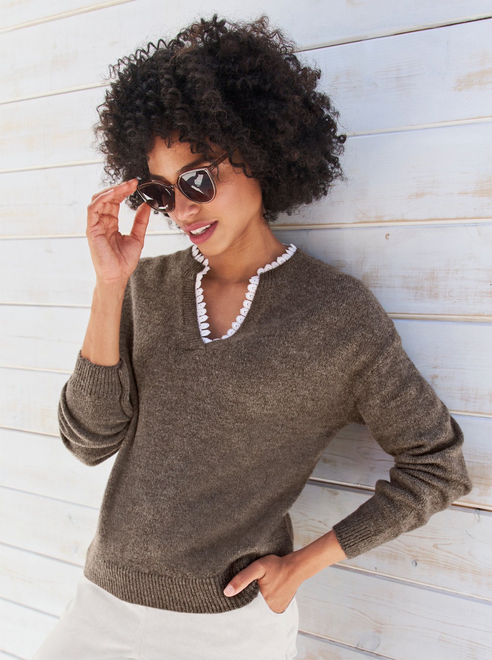 heine Pullover mit Spitzeneinsatz - dunkeltaupe-meliert