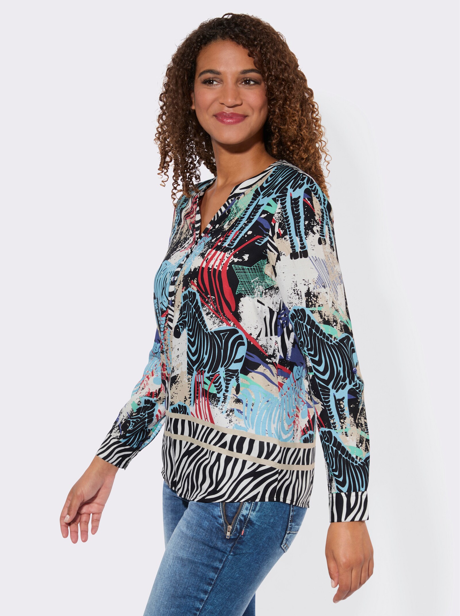 Druckbluse mit Zebra-Druck - schwarz-sand-gemustert