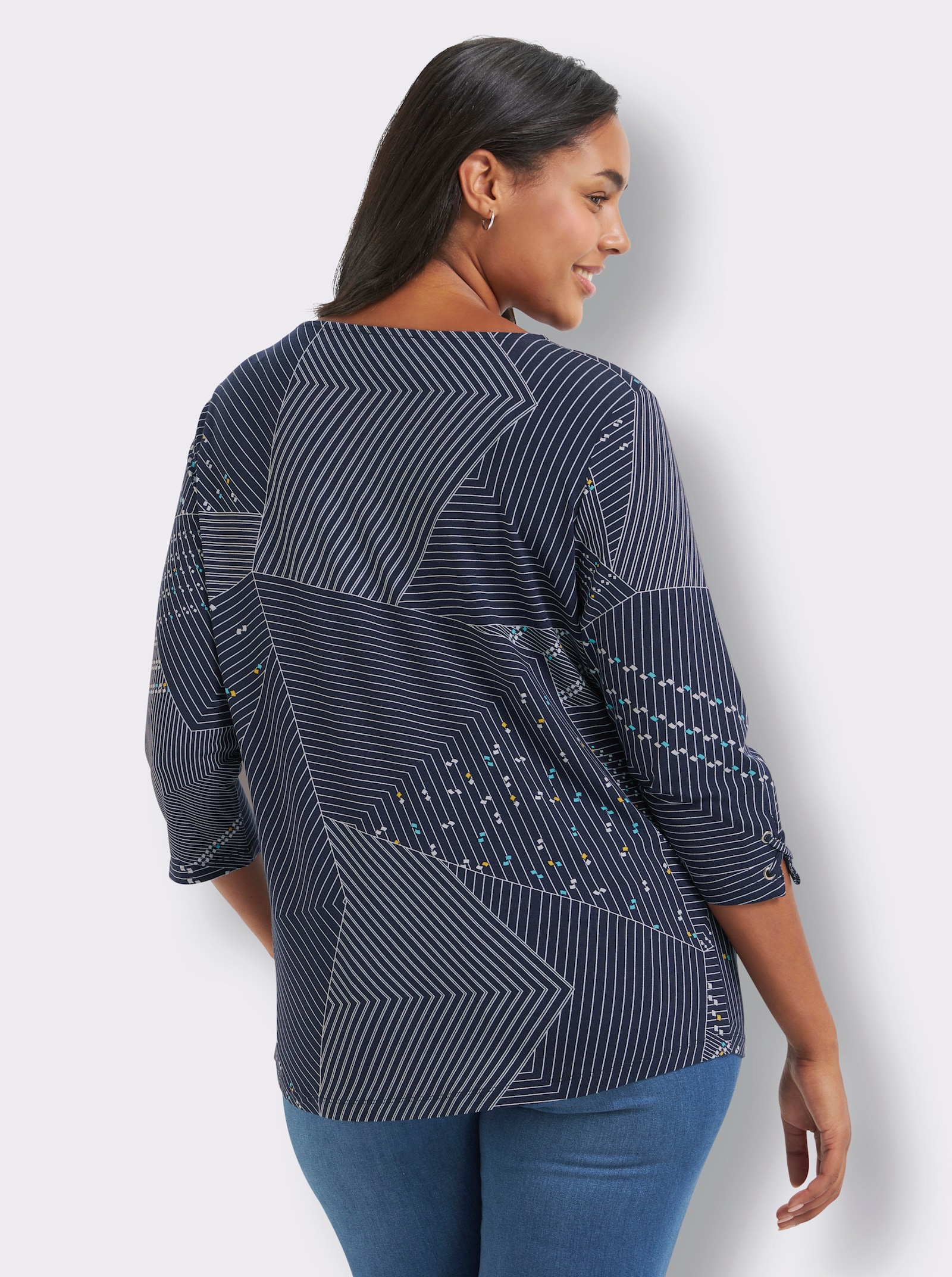Print-Shirt mit Seitenschlitzen - marine-weiß-bedruckt