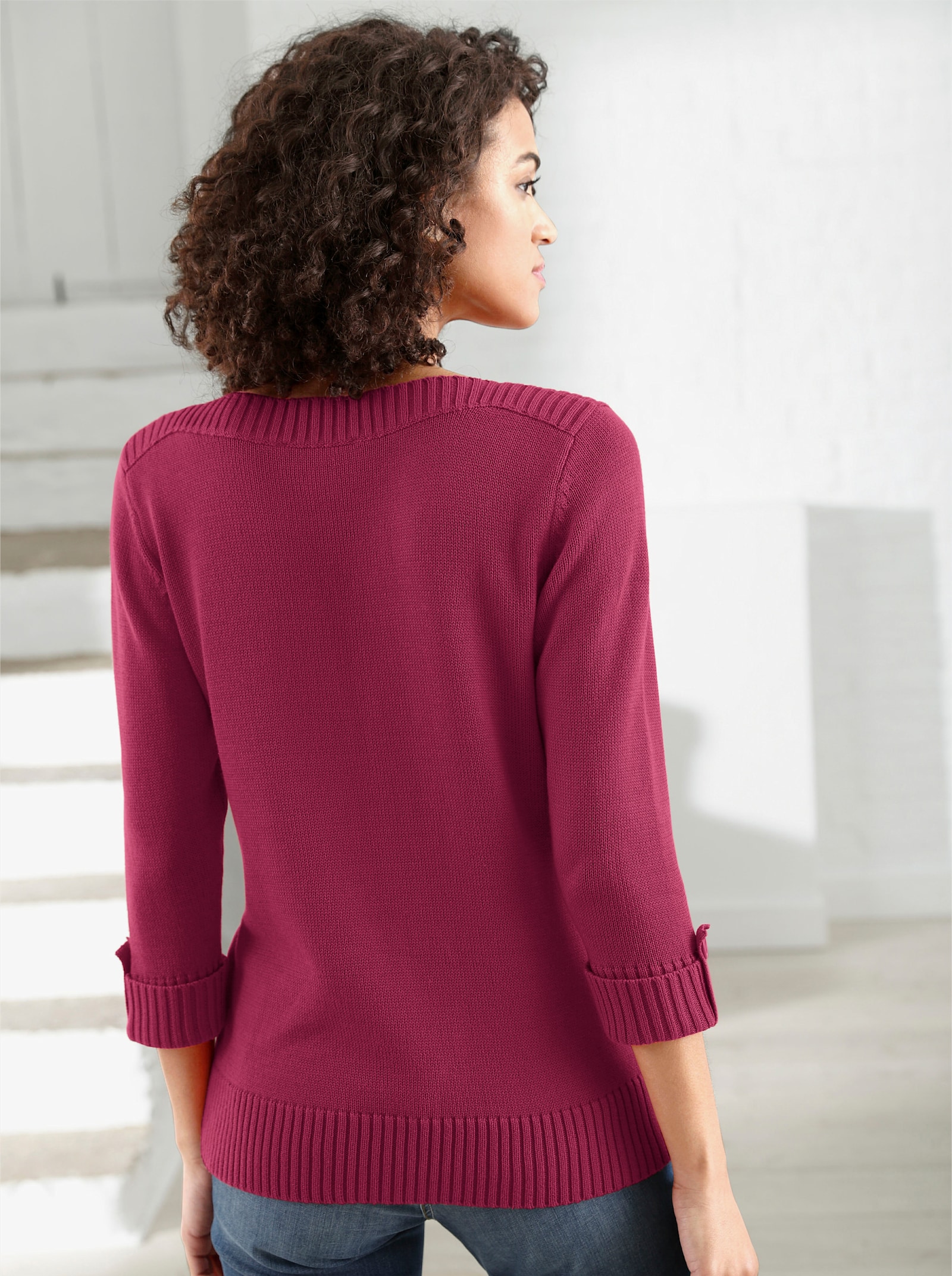 3/4 Arm-Pullover mit Zierriegel am Ärmel - fuchsia