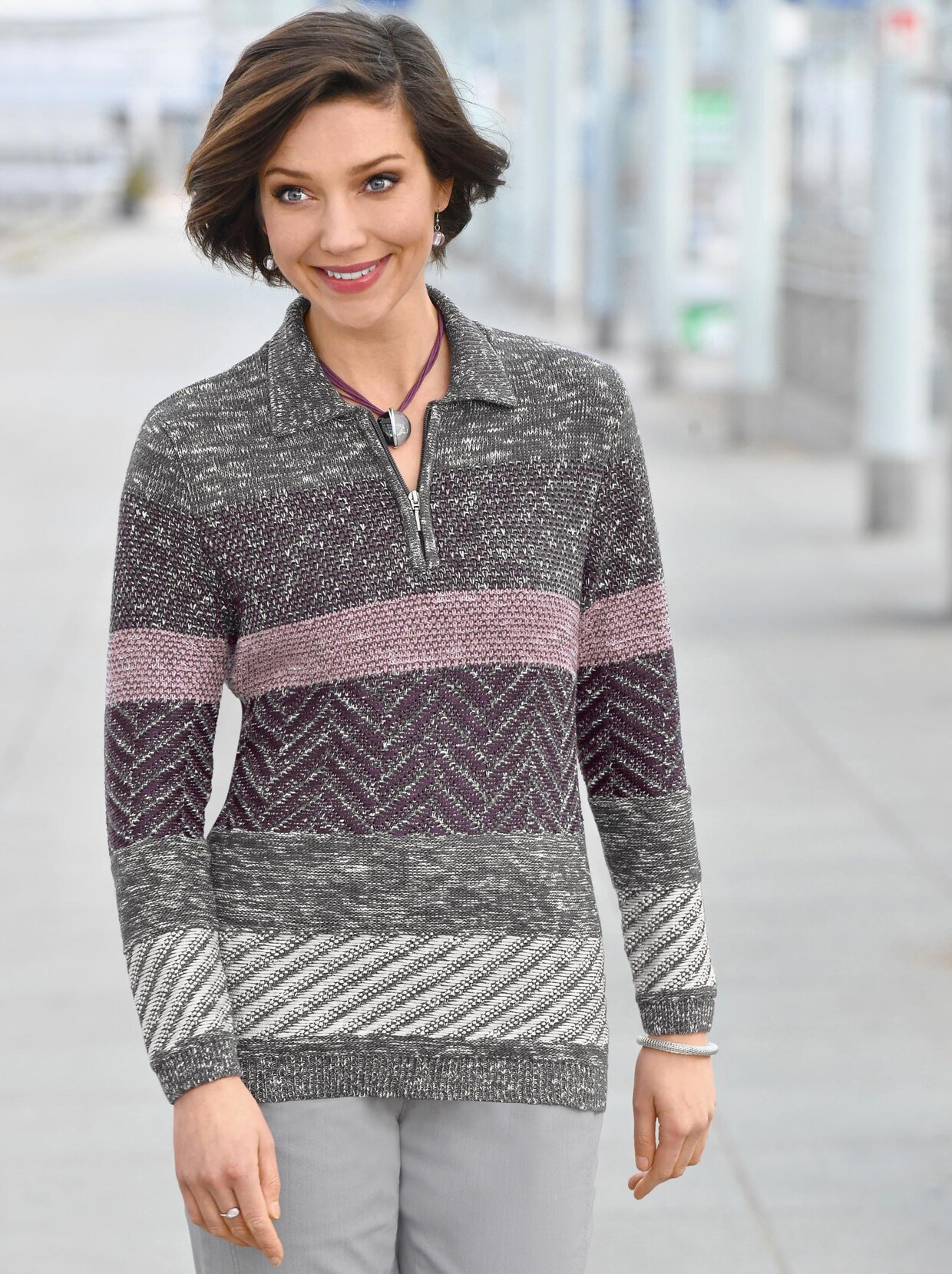 Polopullover - aubergine-graphit-gemustert