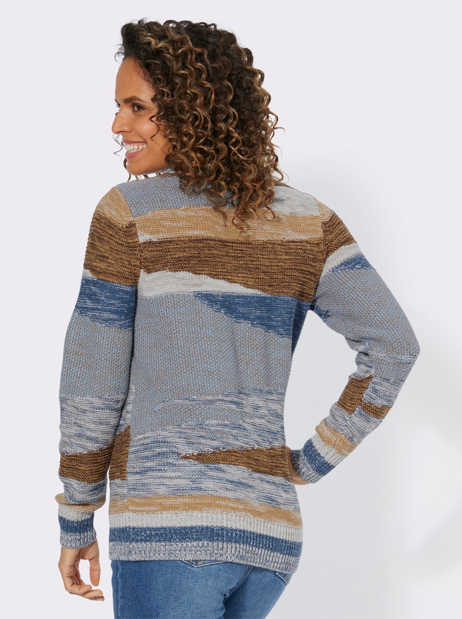 Strickpullover mit farbigen Rippbündchen - jeansblau-taupe-gemustert