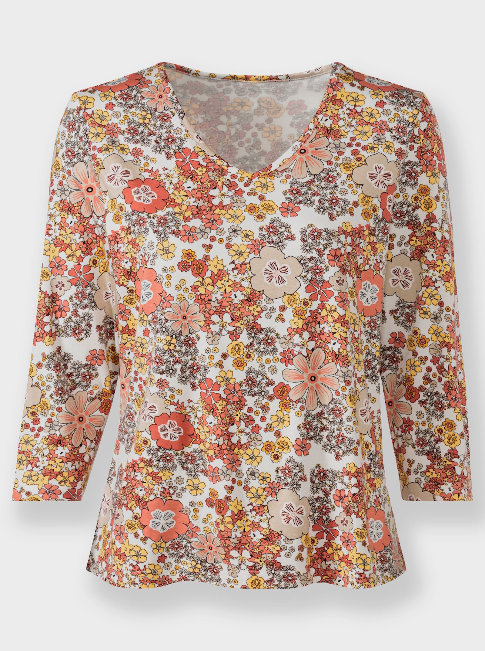 V-Shirt mit Blütenmuster - ecru-papaya-bedruckt