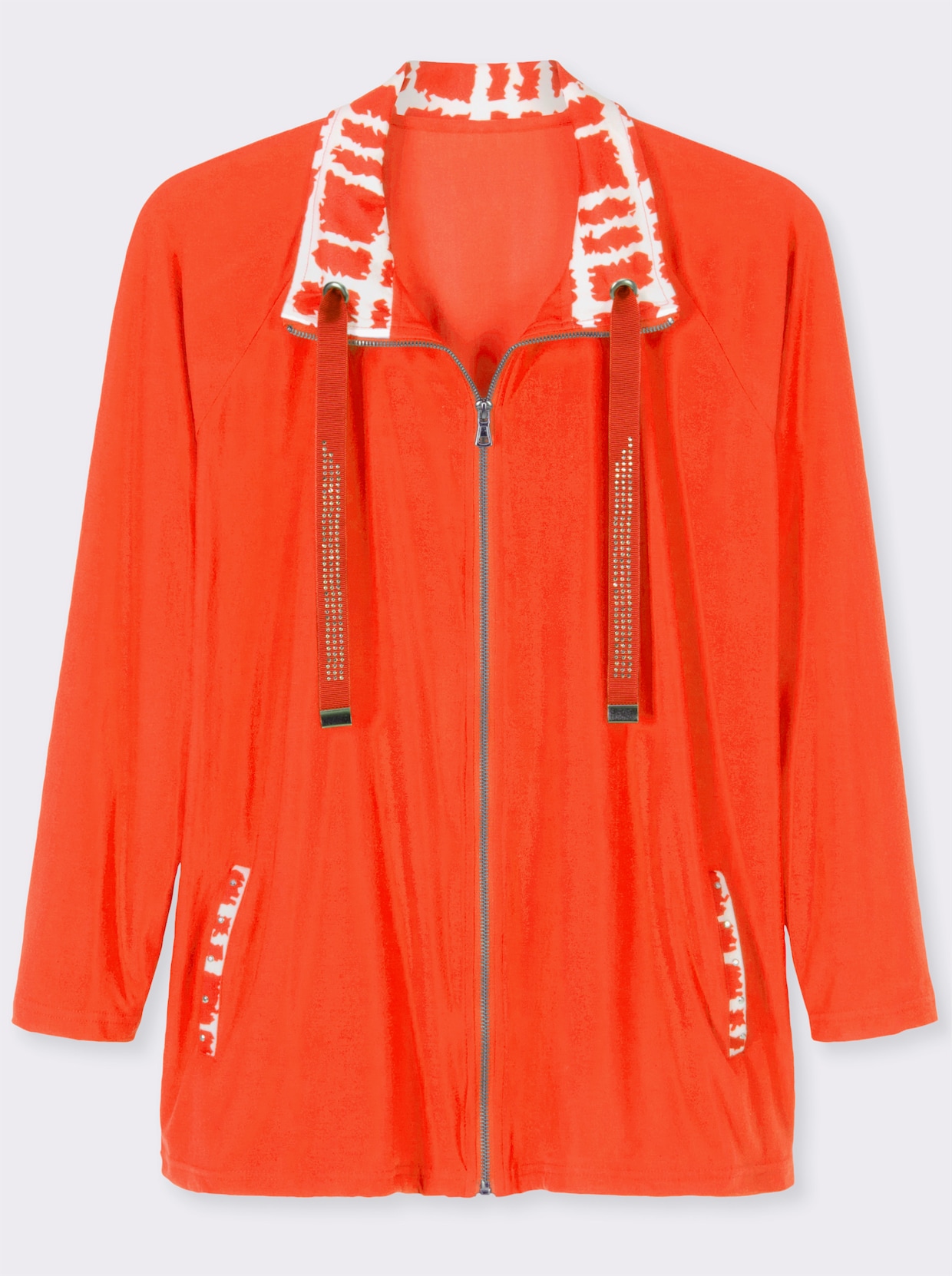 Shirtjacke mit Glitzersteinchen - orange-ecru-gemustert