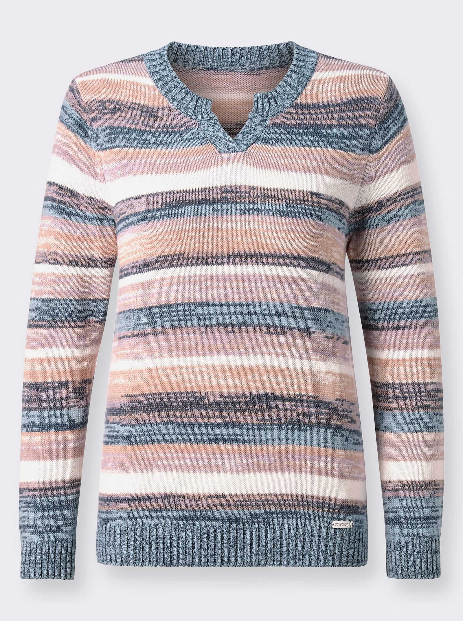 Langarm-Pullover aus reiner Baumwolle - taubenblau-puder-meliert