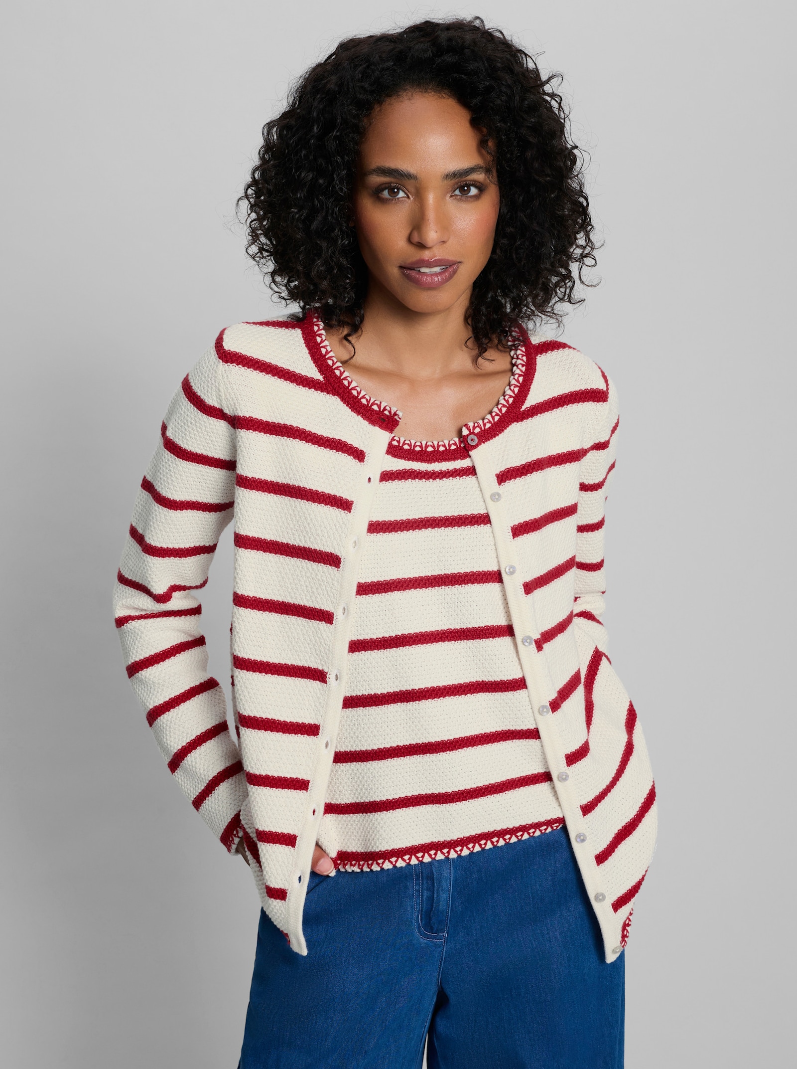 heine Twin-Set - ecru-rot-gestreift