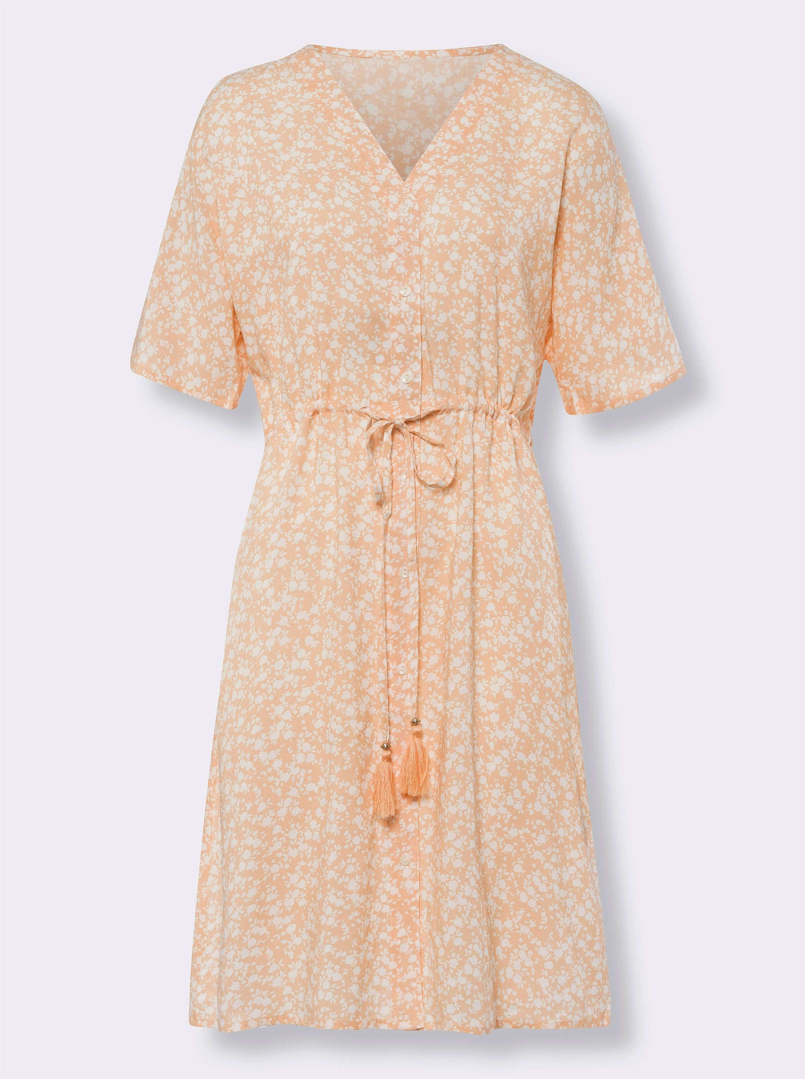 heine Jurk in A-lijn met bindceintuur - apricot/ecru bedrukt