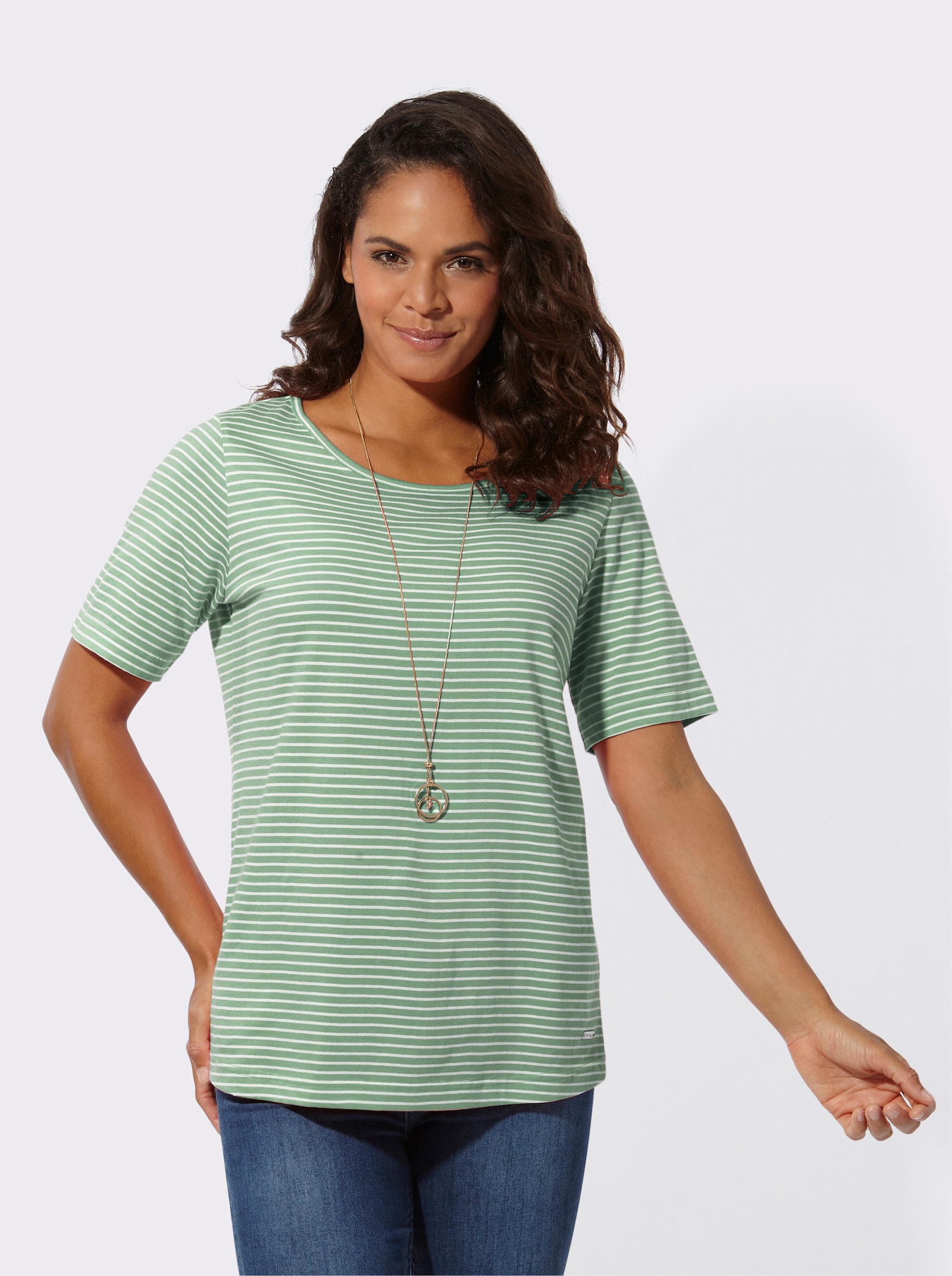 Ringelshirt mit kurzen Ärmeln - eucalyptus-ecru-geringelt