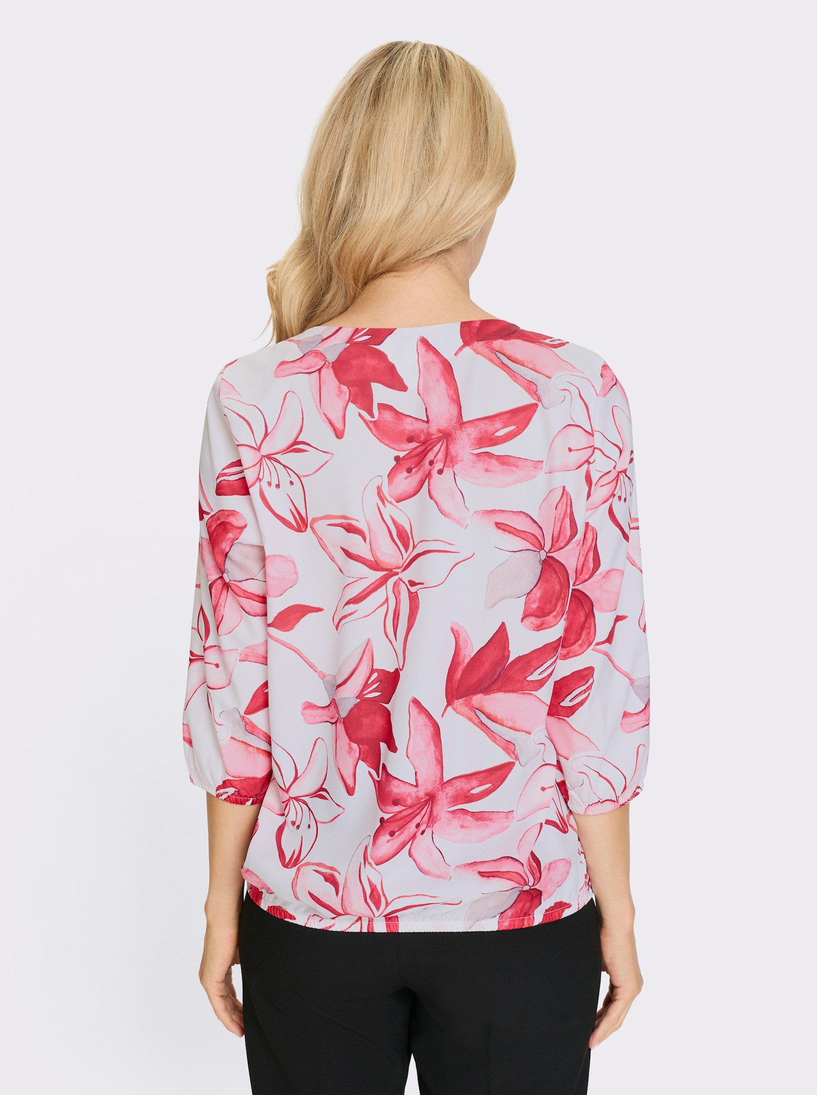 Schlupfbluse mit elastischen Abschlüssen - ecru-rot-bedruckt