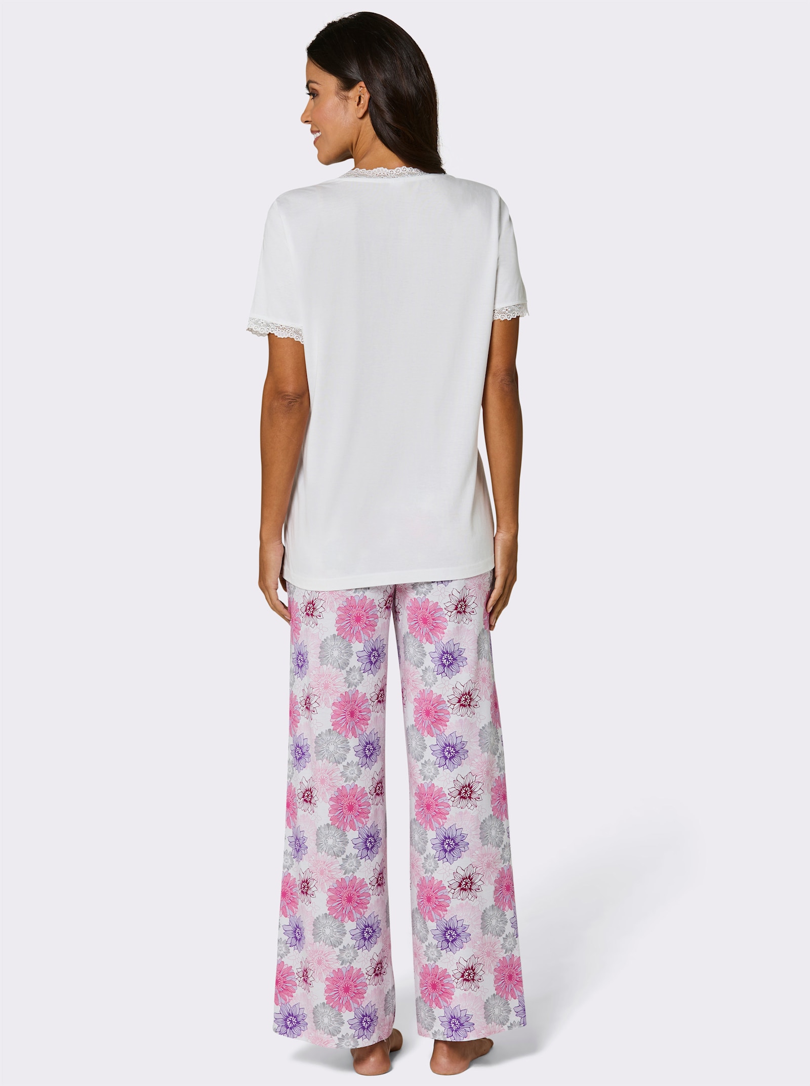 wäschepur Schlafanzug mit geblümter Hose - weiß-fuchsia-bedruckt