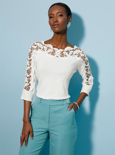 3/4 Arm-Pullover mit Spitzenverzierung - ecru
