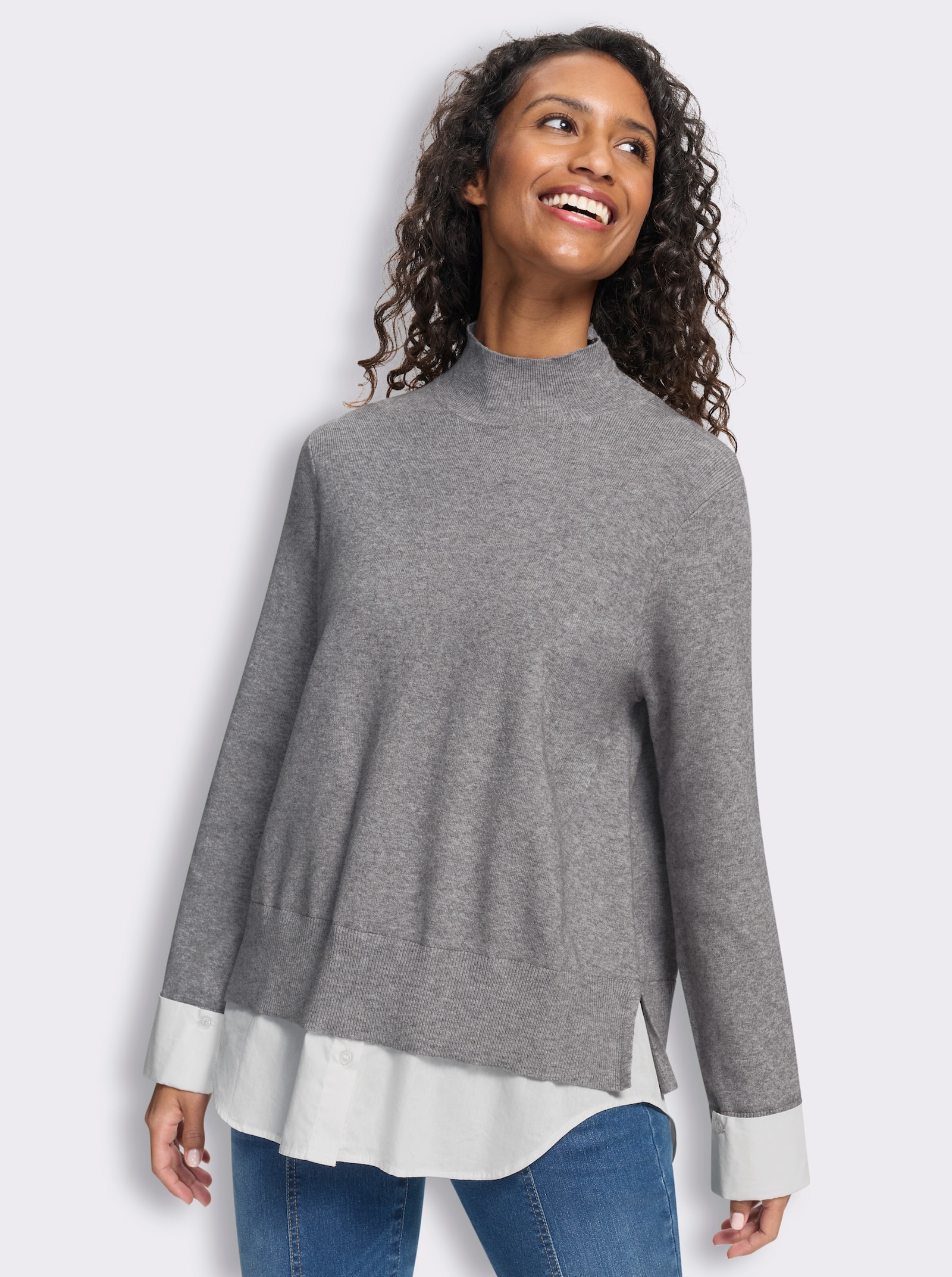heine Feinstrickpullover in 2-in-1-Optik - grau-meliert