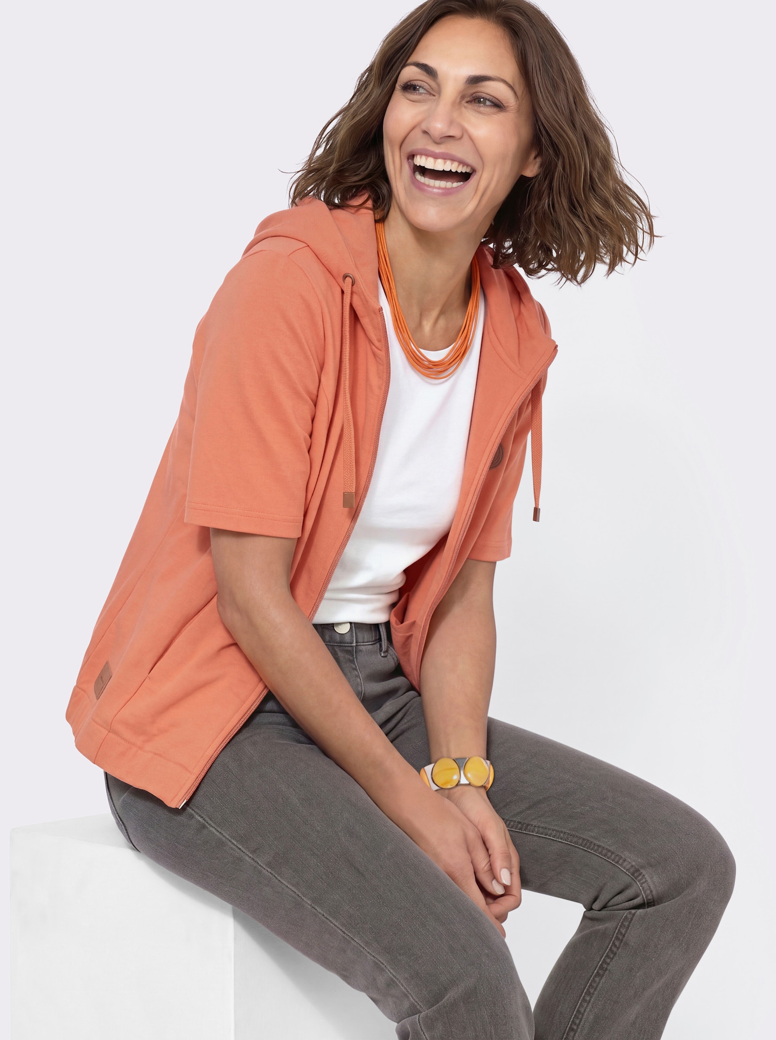 Shirtjacke mit Kapuze und Halbärmeln - papaya
