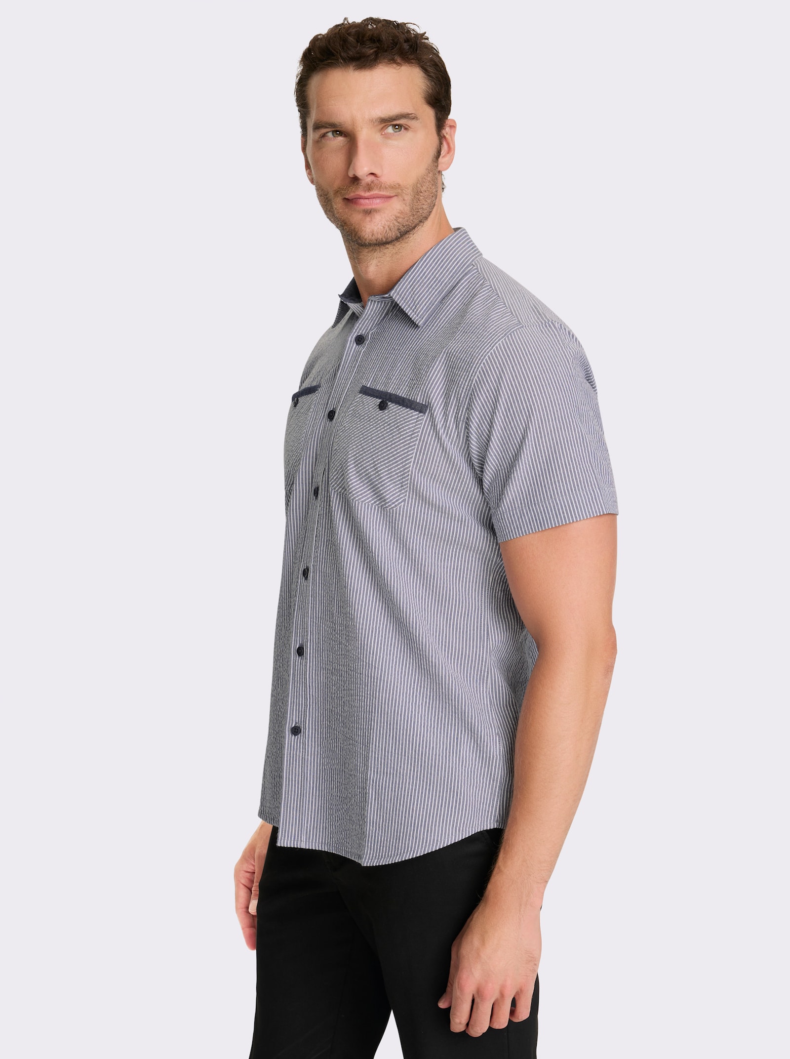 Catamaran Kurzarmhemd aus reiner Baumwolle - rauchblau-weiss-gestreift