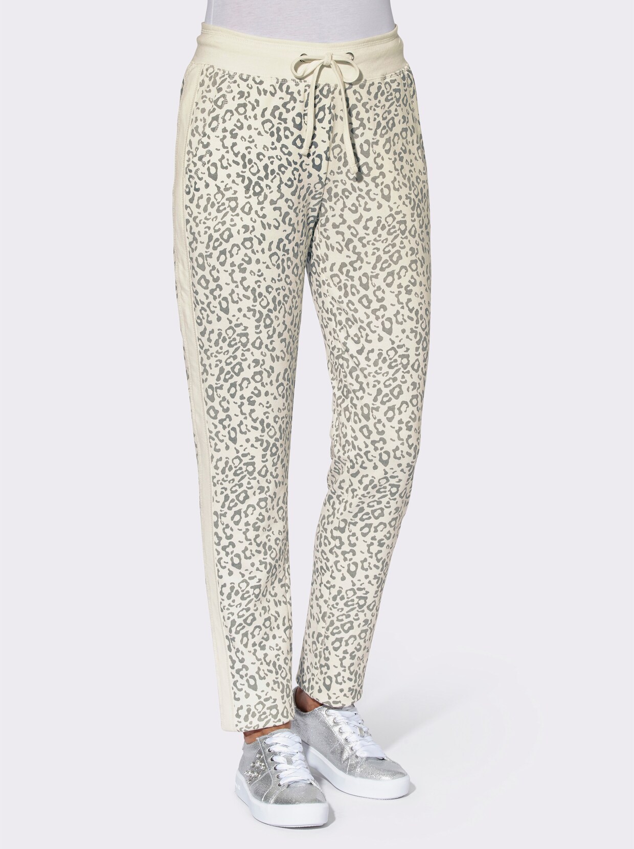 Jersey pantalon - ecru/steengrijs gedessineerd