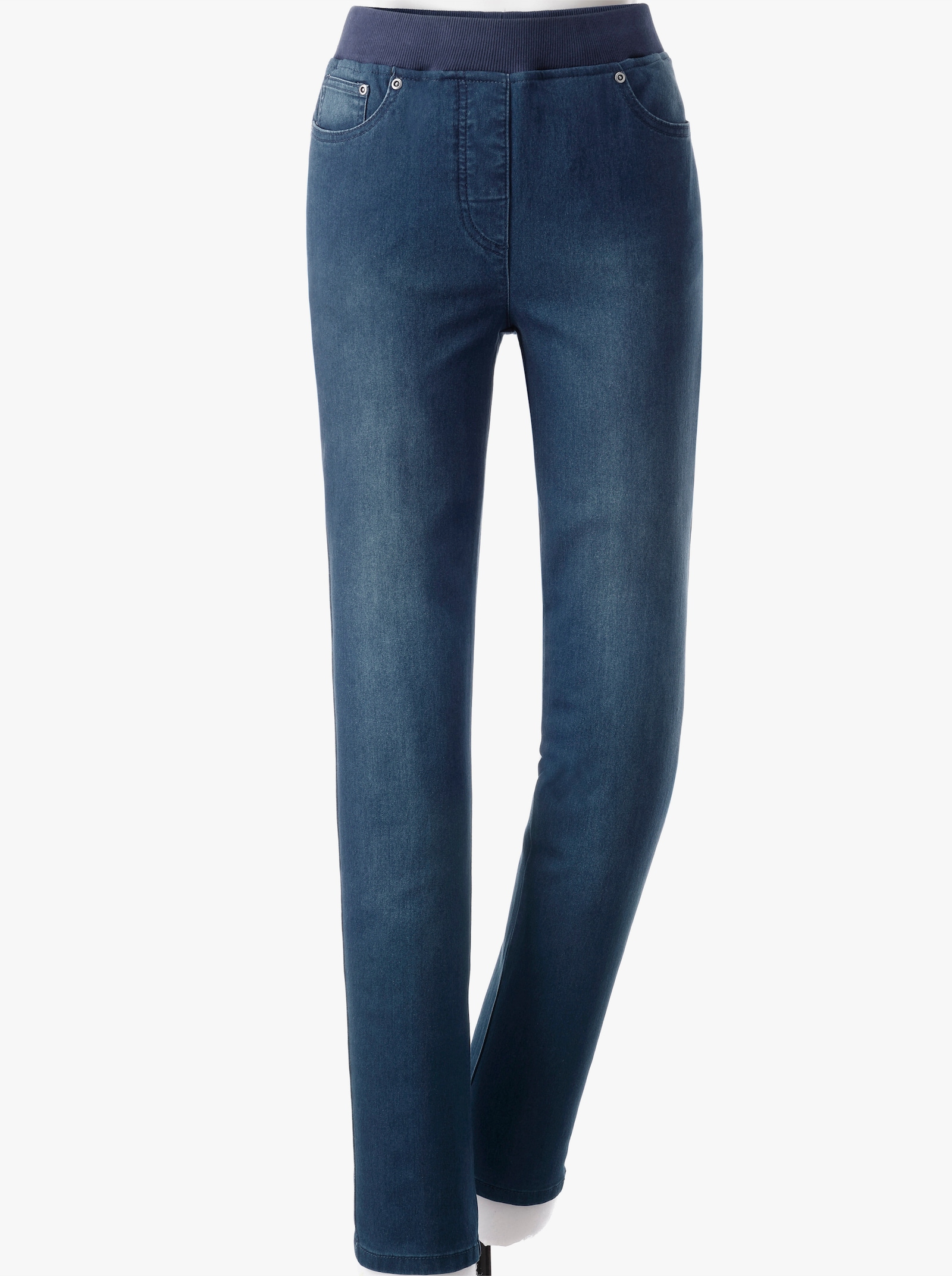 Schlupfjeans mit geripptem Strick-Dehnbund - blue-stone-washed