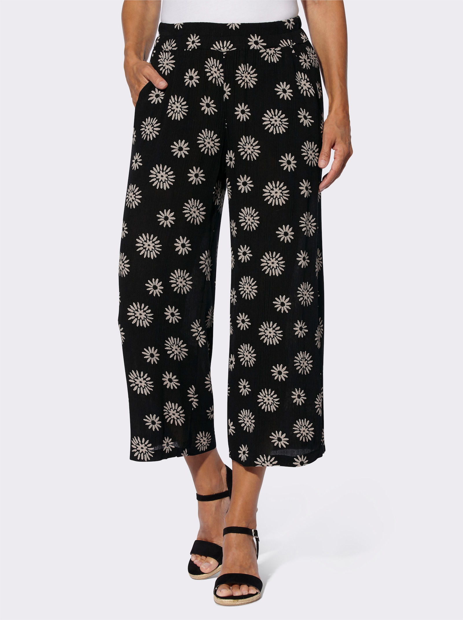 Druckhose mit Dehnbund, rundum - schwarz-sesam-bedruckt