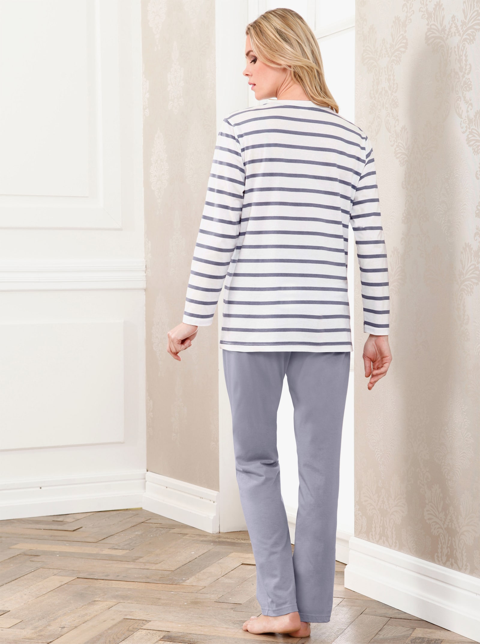 Schlafanzug mit geripptem Rundhals-Ausschnitt - mauve-geringelt