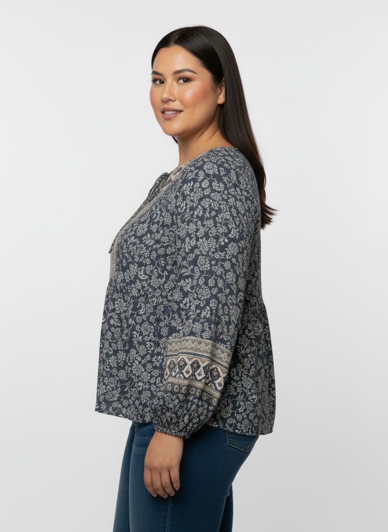 Druckbluse in Tunikaform - rauchblau-champagner-bedruckt