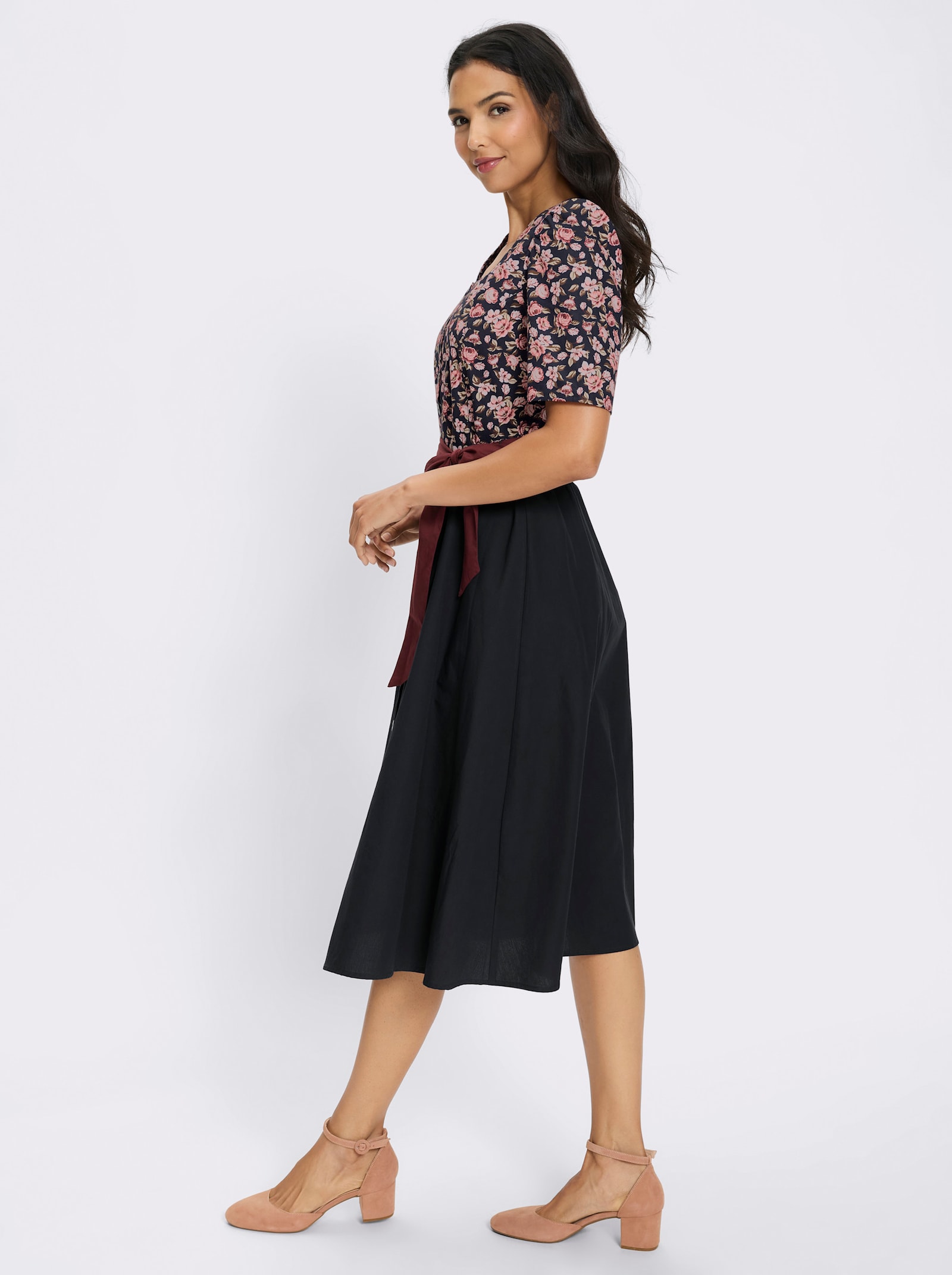 Trachtenkleid mit Karree-Ausschnitt - marine-rosenquarz-bedruckt