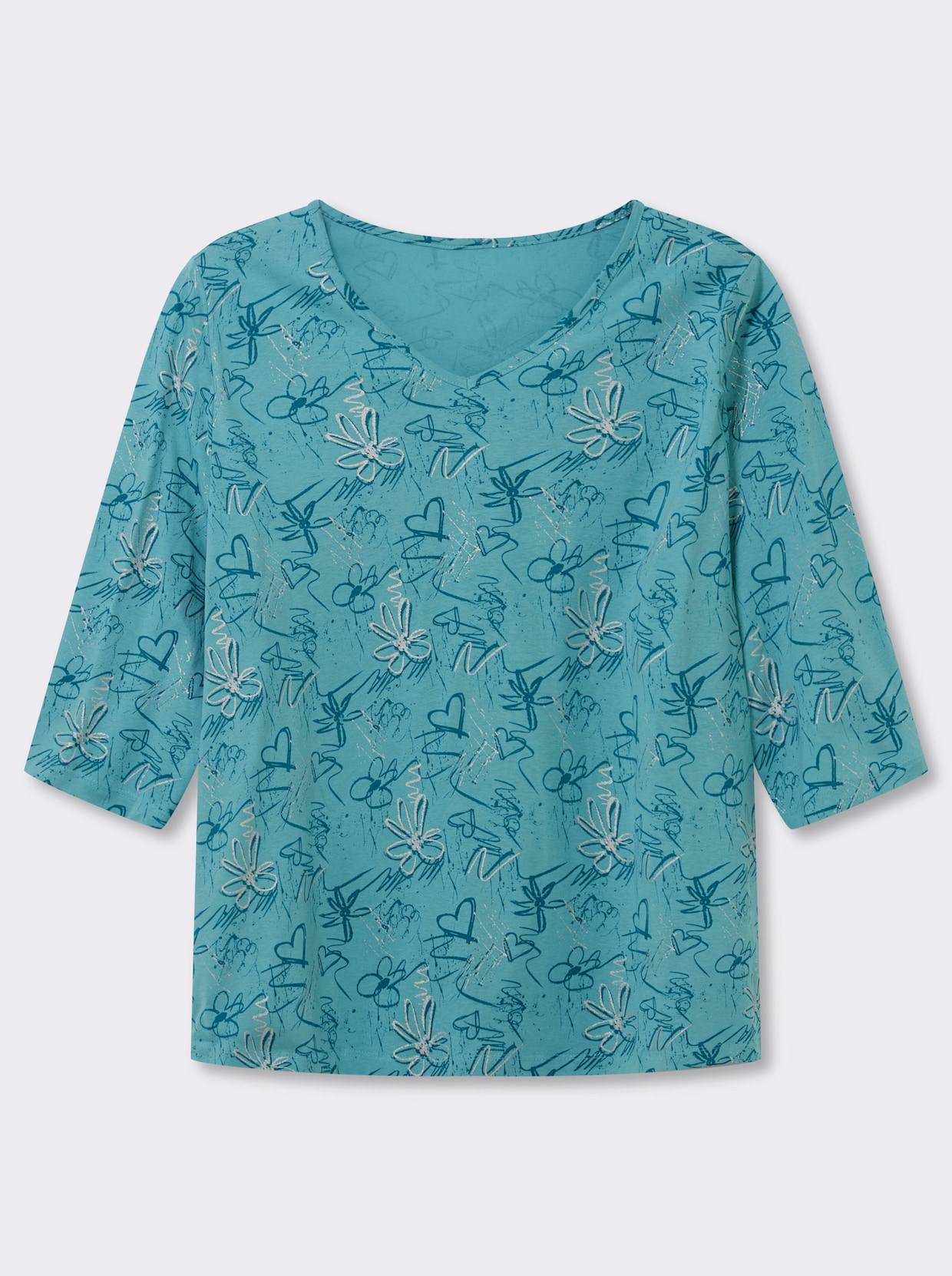 3/4-Arm-Shirt mit Herzen und Blüten verziert - ozean