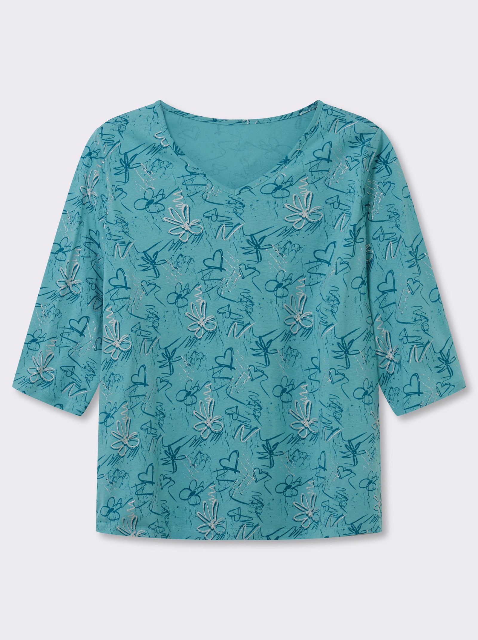 3/4-Arm-Shirt mit Herzen und Blüten verziert - ozean