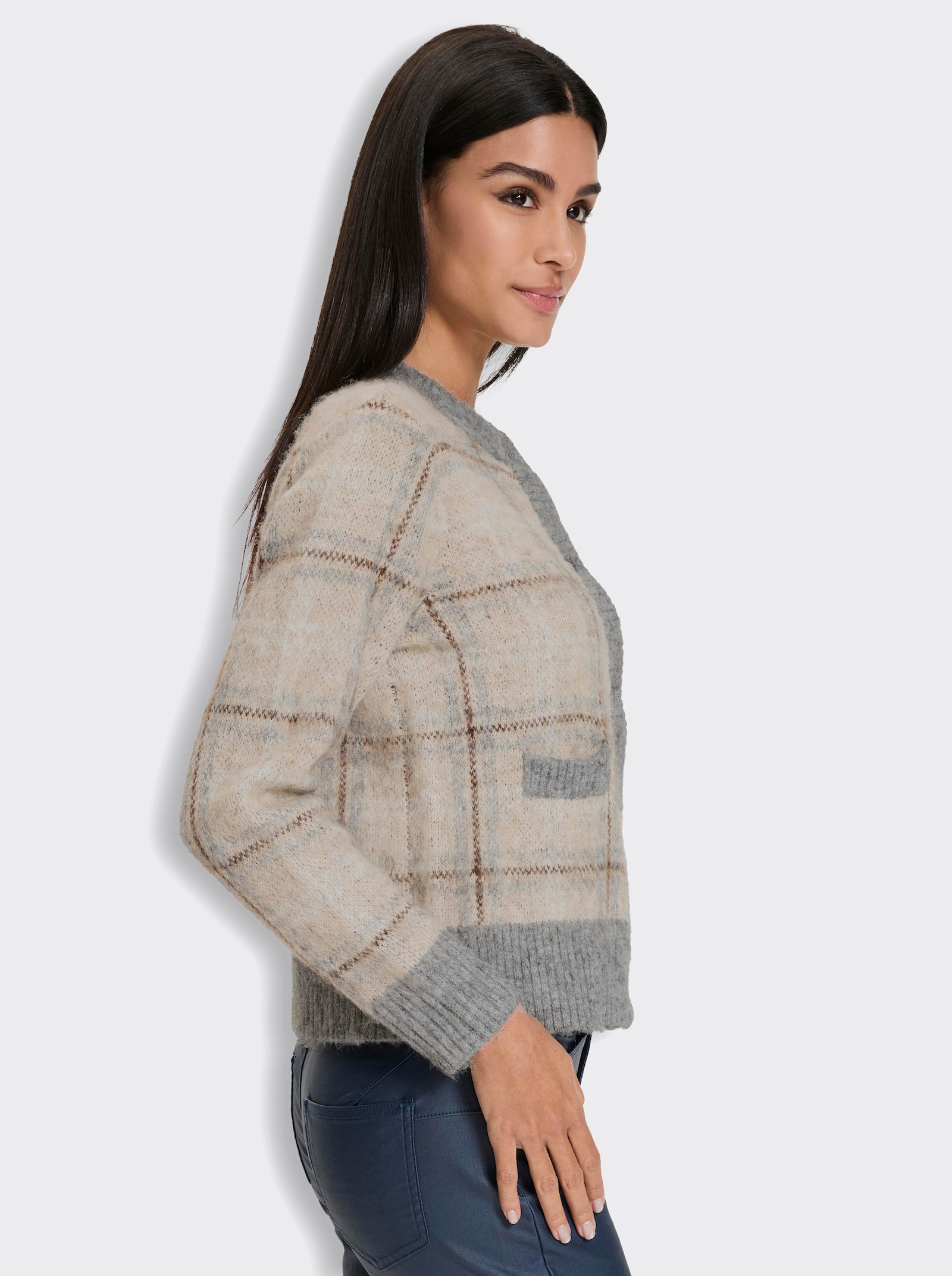 heine Jacquardstrickjacke mit Karo-Dessin - beige-grau-kariert