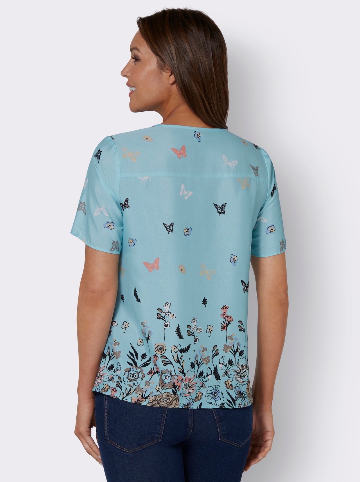 Comfortabele blouse - aquamarijn bedrukt