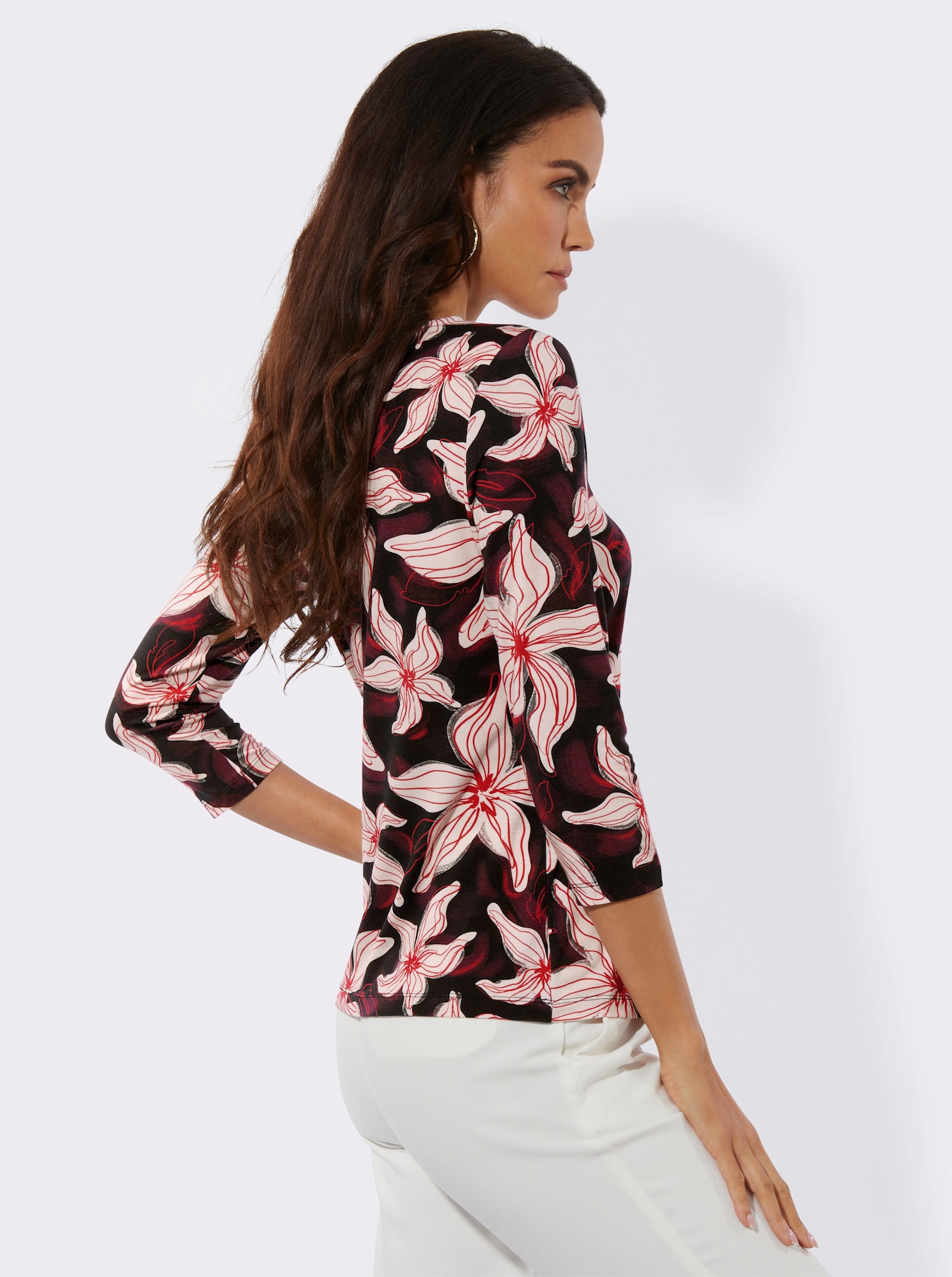 T-shirt à manches 3/4 au motif floral - noir-couleur ivoire imprimé