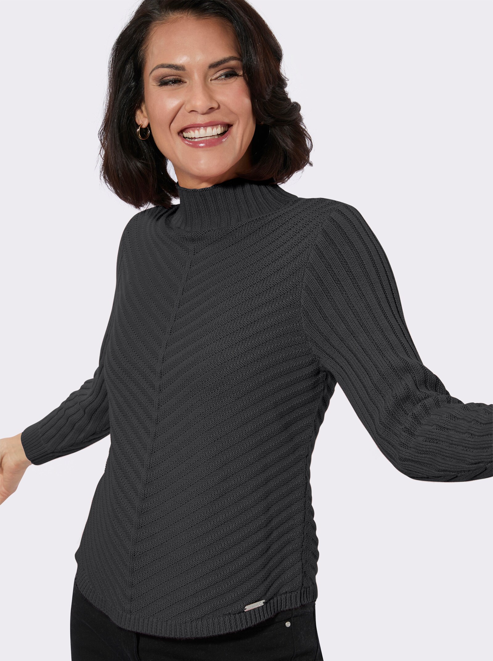 Stehkragenpullover mit abgerundetem Saum - graphit-meliert