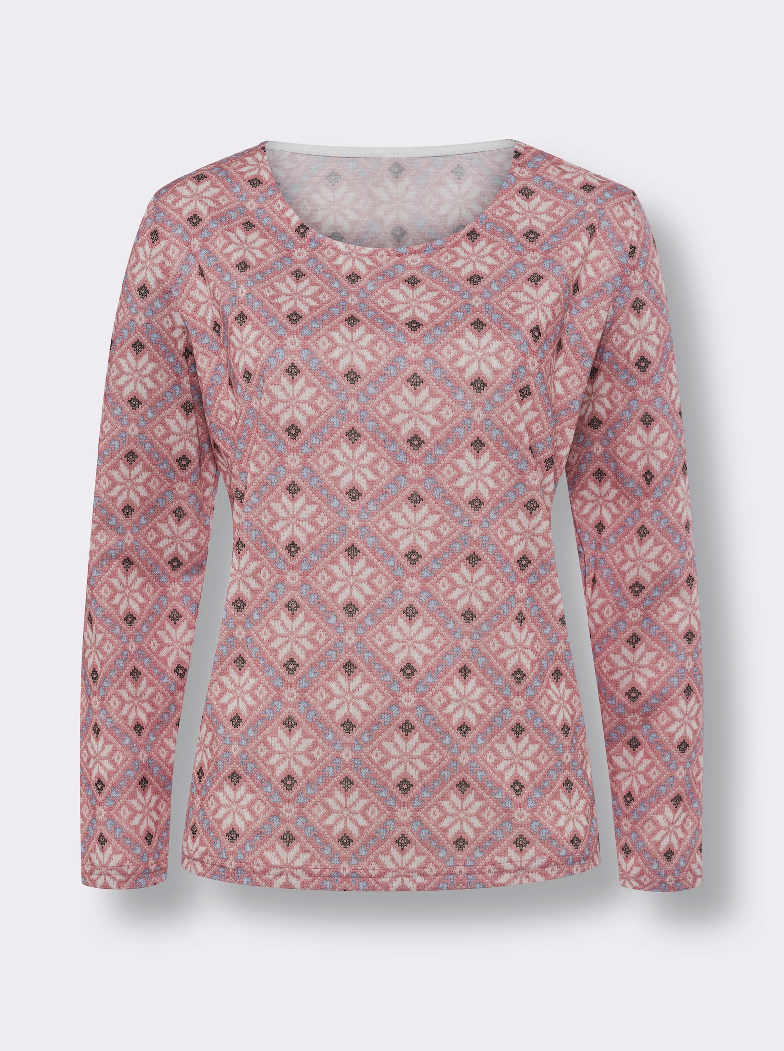 Shirt met lange mouwen en Noors patroon - rozenhout/ecru bedrukt