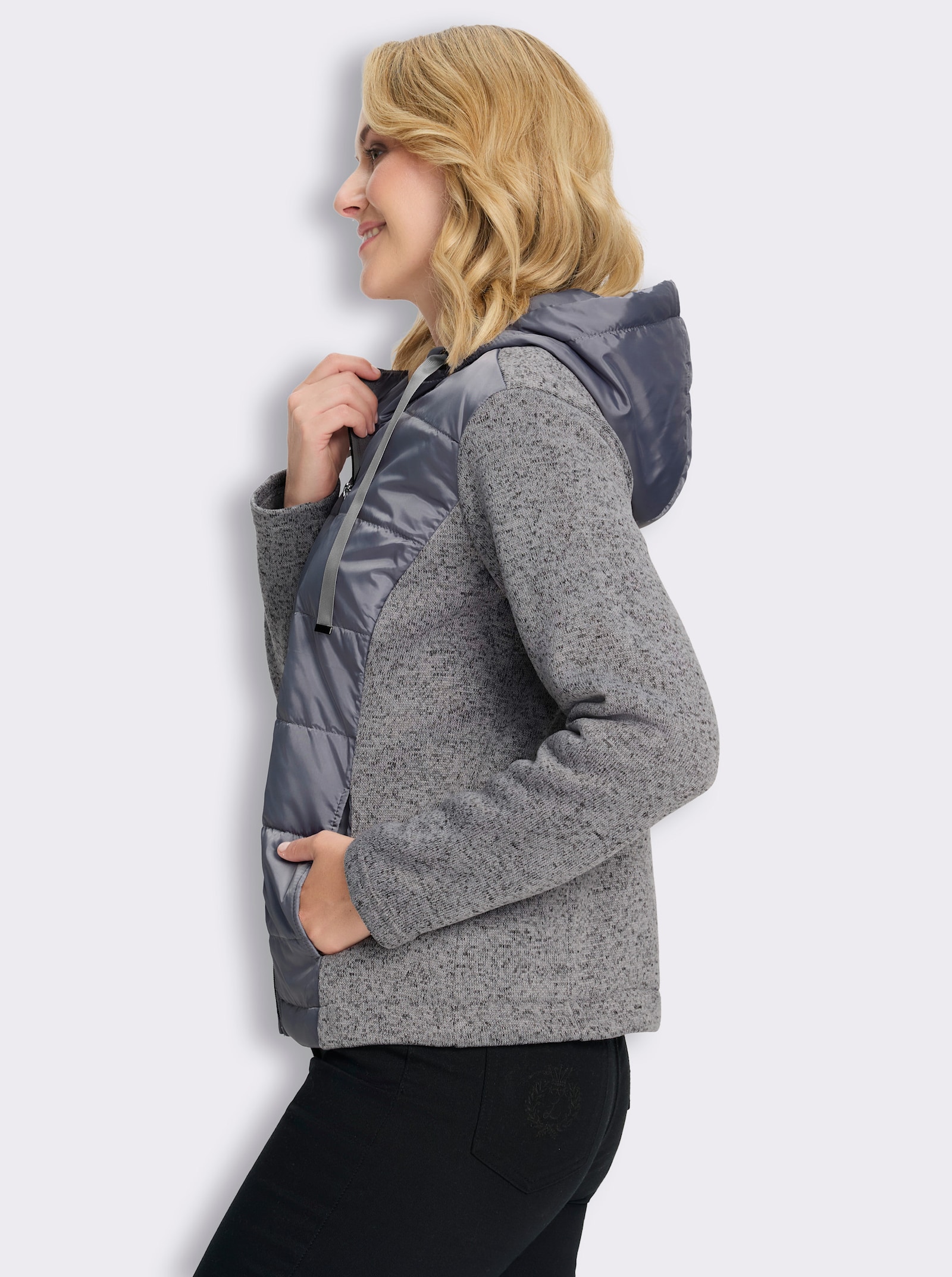Strickfleecejacke mit gestepptem Web-Einsatz - steingrau-meliert
