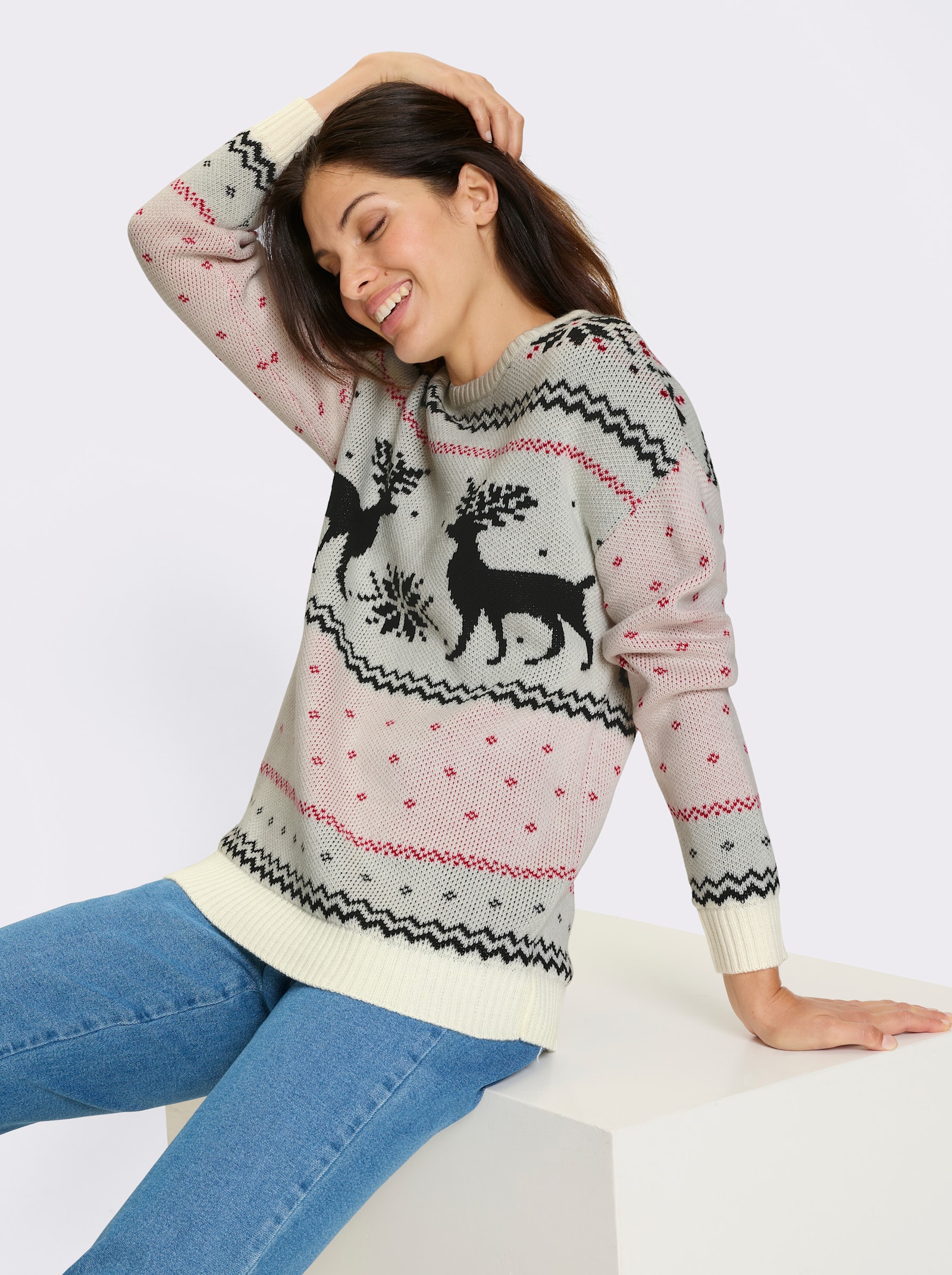 Langarm-Pullover mit Rentier-Motiv - ecru-schwarz-gemustert