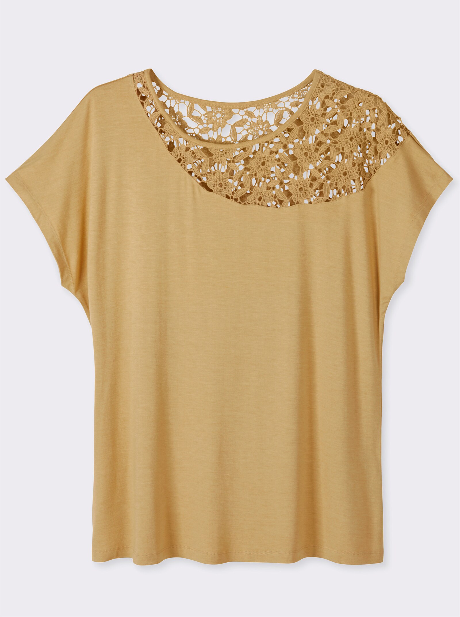 sheego Kurzarmshirt mit floraler Spitze - camel